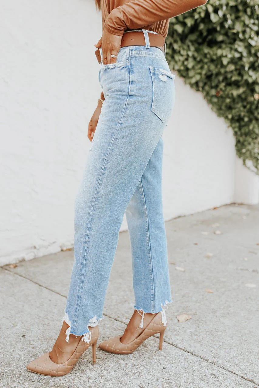Angie Distressed Light Wash Straight Leg Jeans - Image 4