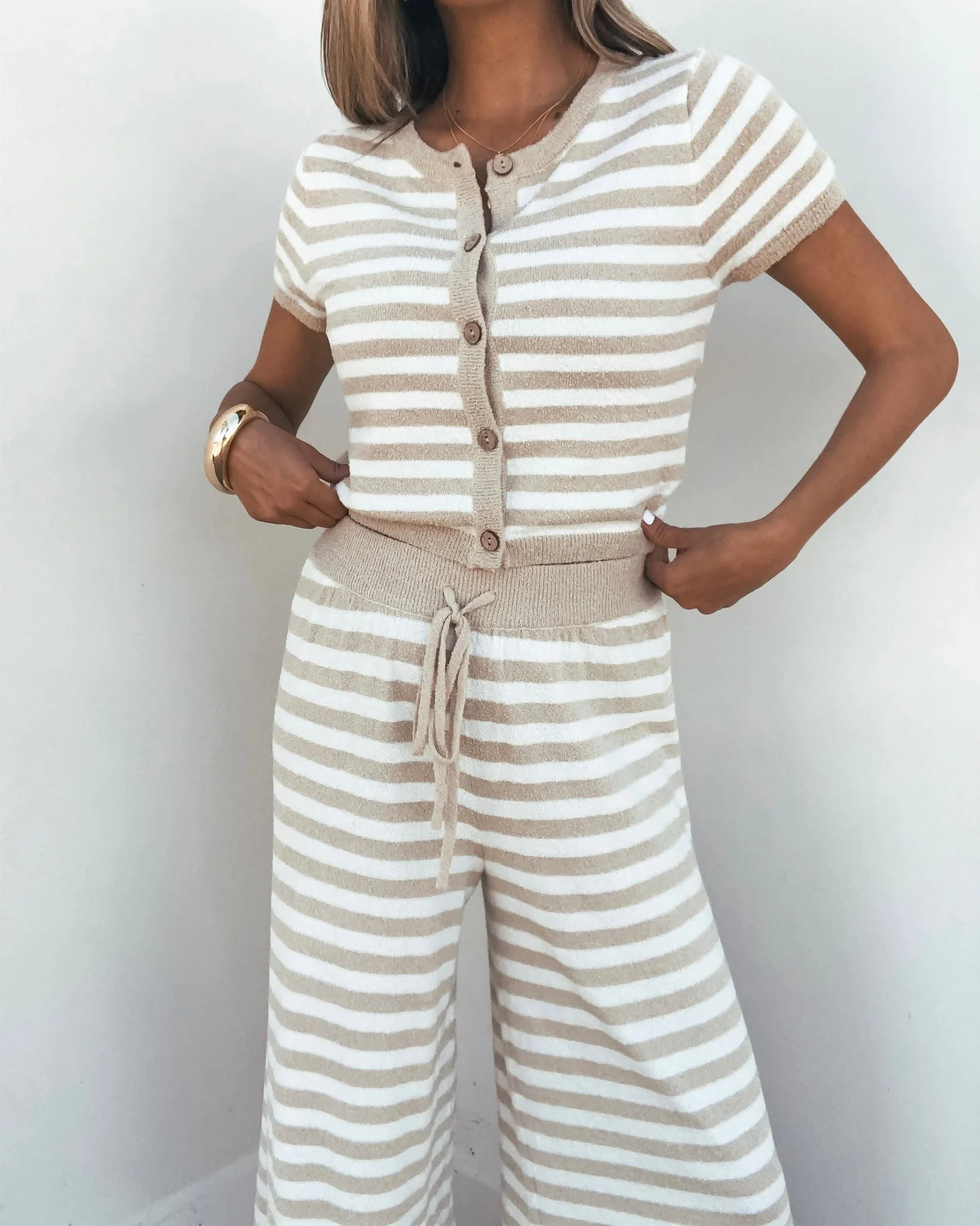 Beige and Ivory Striped Button Down Lounge Top - Image 2