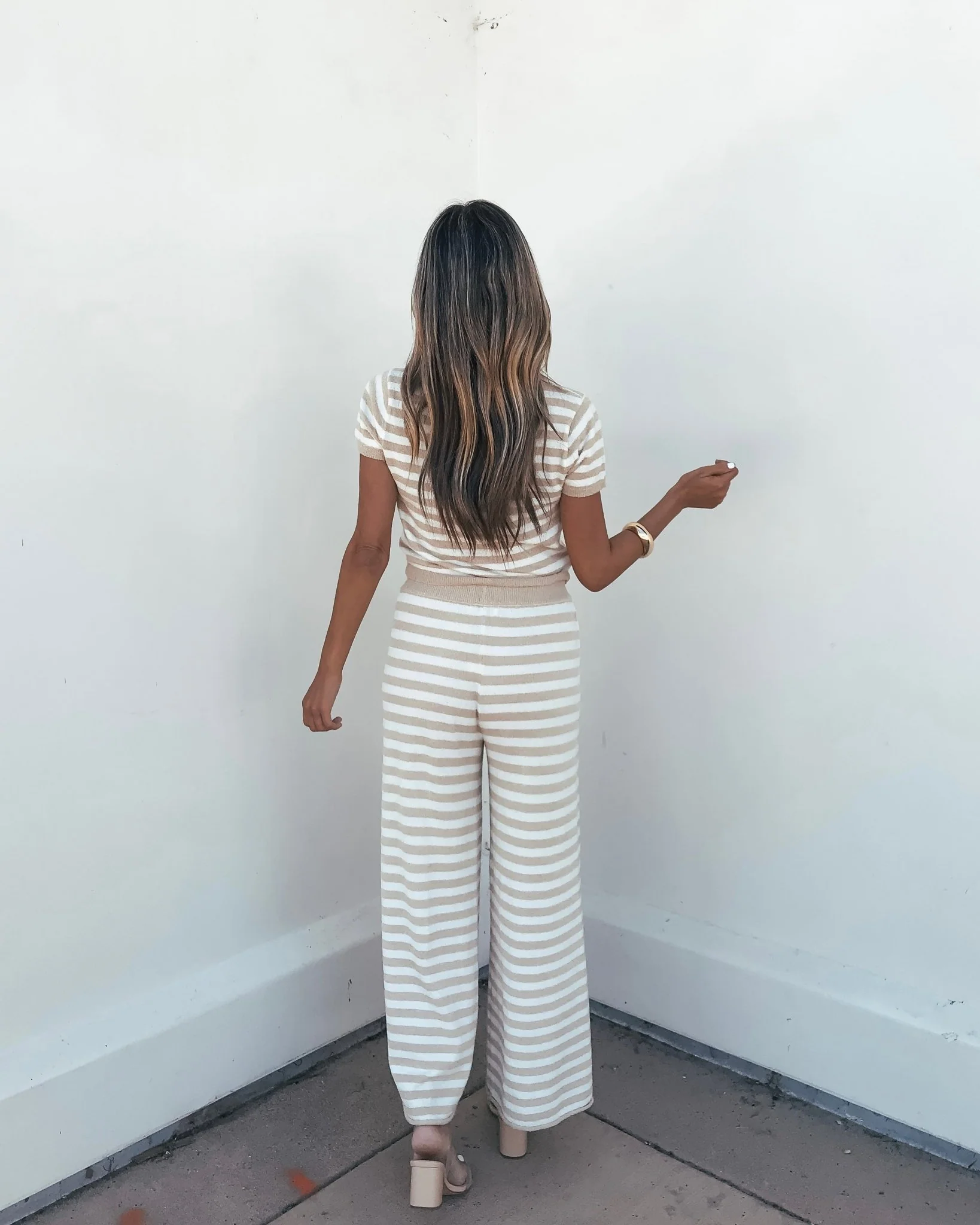 Beige and Ivory Striped Button Down Lounge Top - Image 3