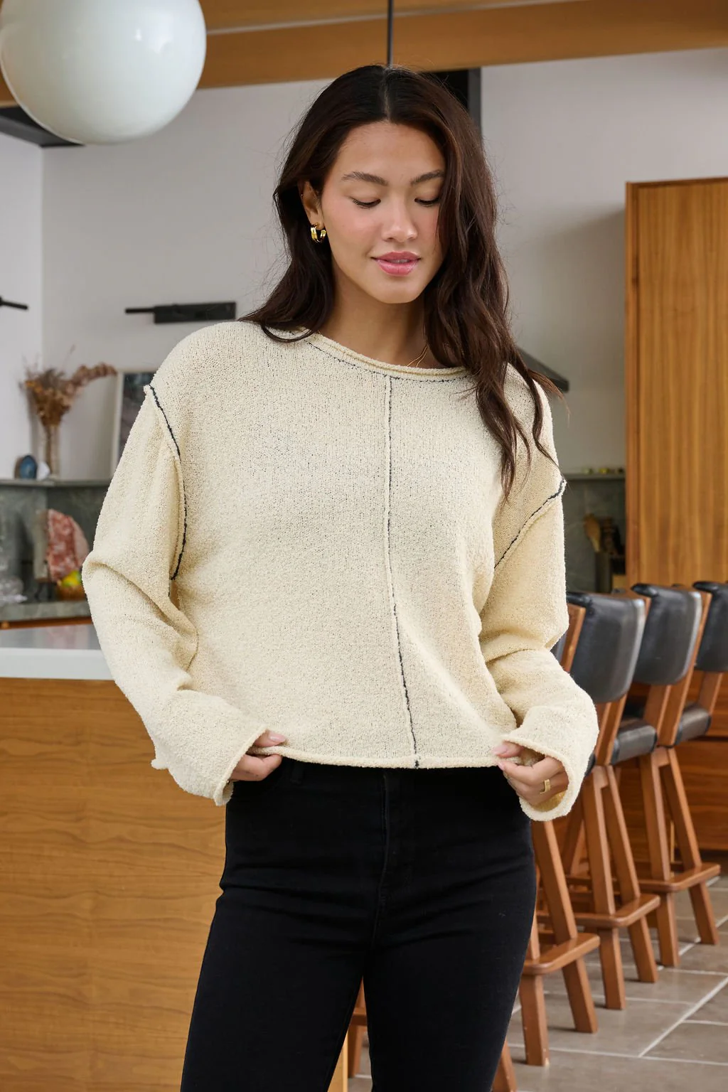 Beige Contrast Stitch Detail Sweater - FINAL SALE