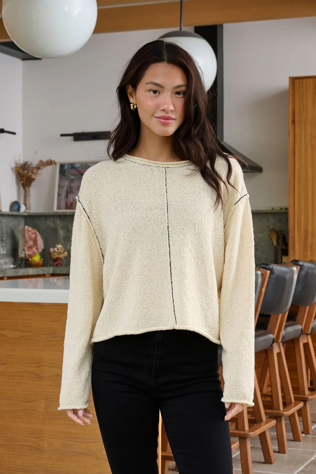 Beige Contrast Stitch Detail Sweater - FINAL SALE - Image 2