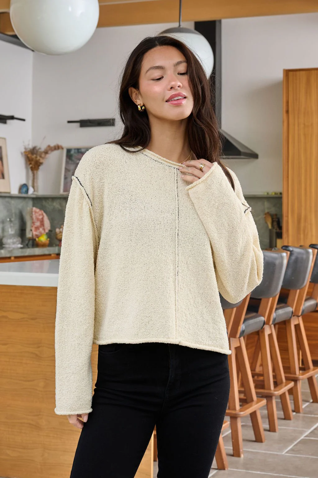 Beige Contrast Stitch Detail Sweater - FINAL SALE - Image 3