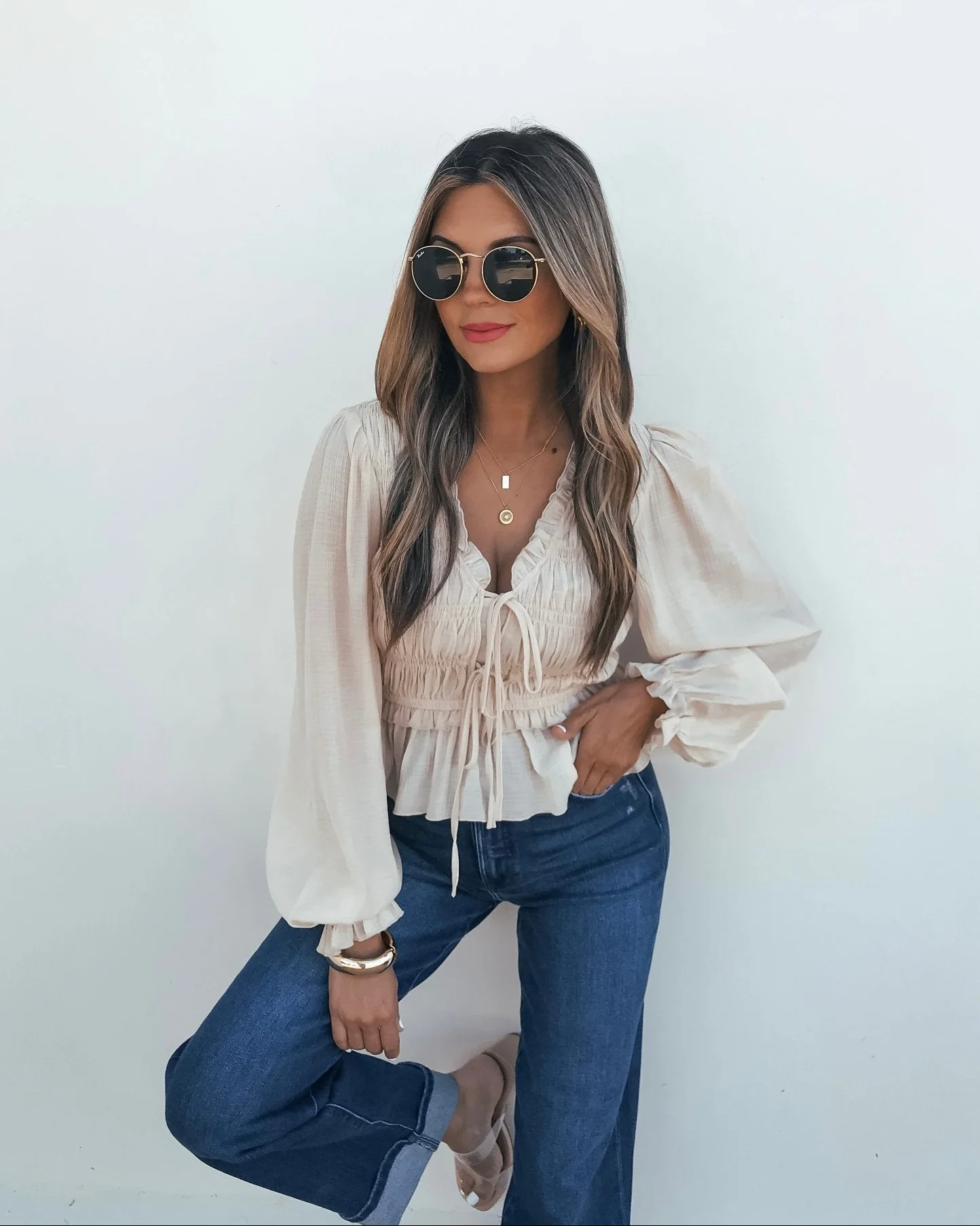 Beige Ruffle Smocked Peplum Top