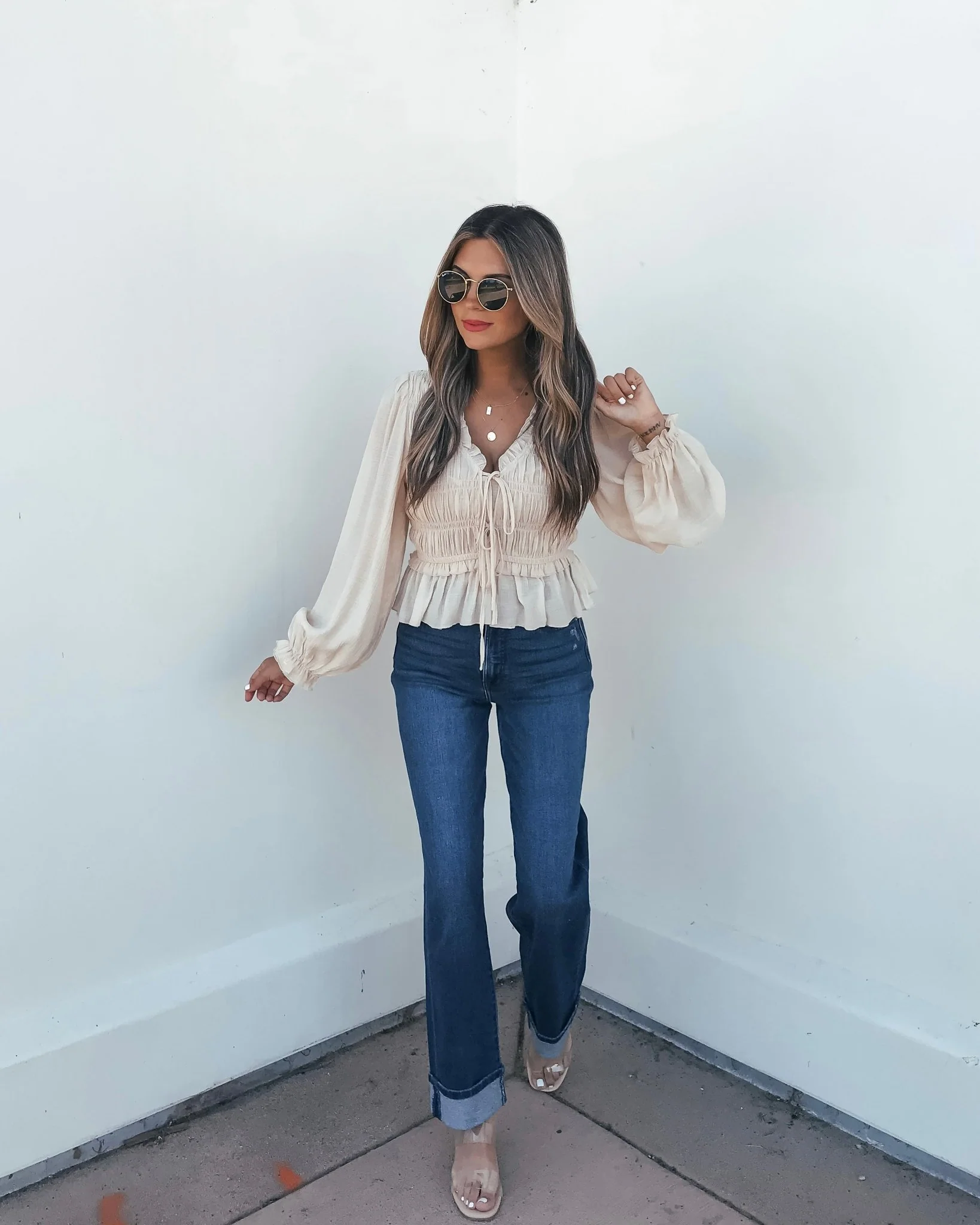 Beige Ruffle Smocked Peplum Top - Image 2