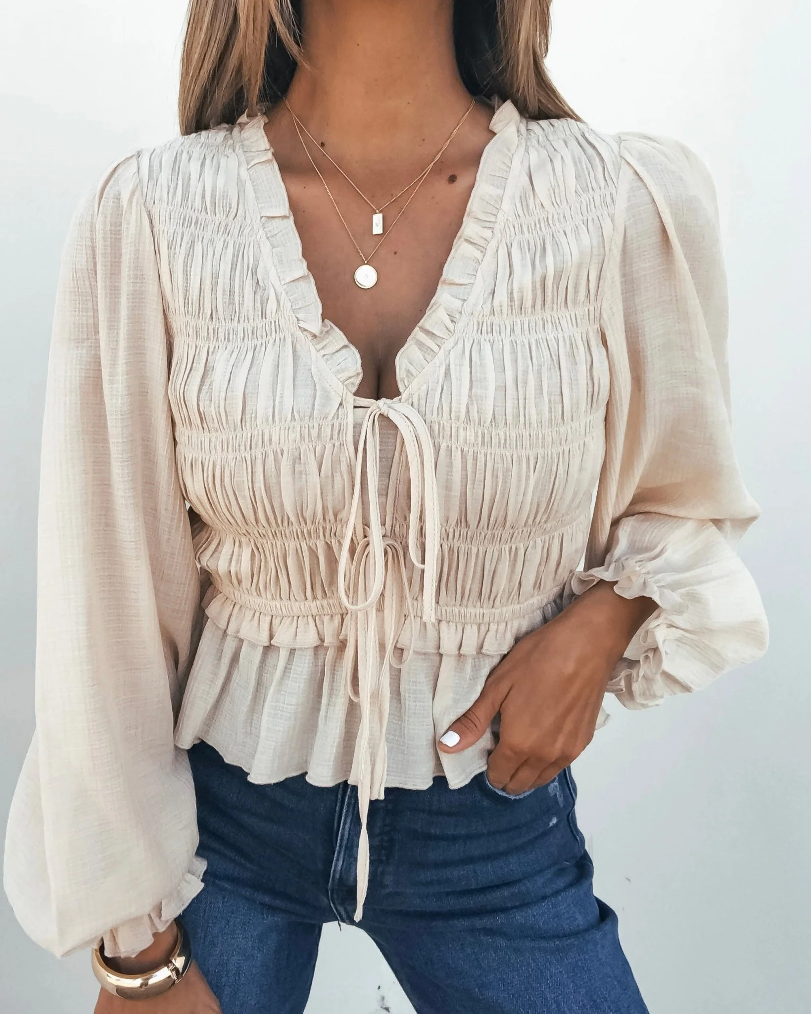 Beige Ruffle Smocked Peplum Top - Image 3