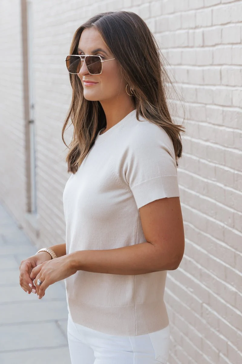 Beige Short Sleeve Crew Neck Sweater - Image 6