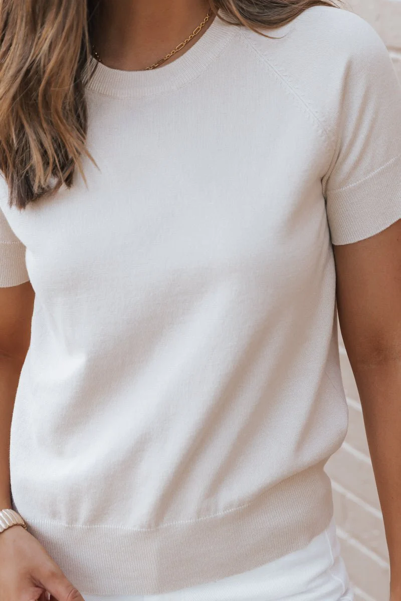 Beige Short Sleeve Crew Neck Sweater - Image 7