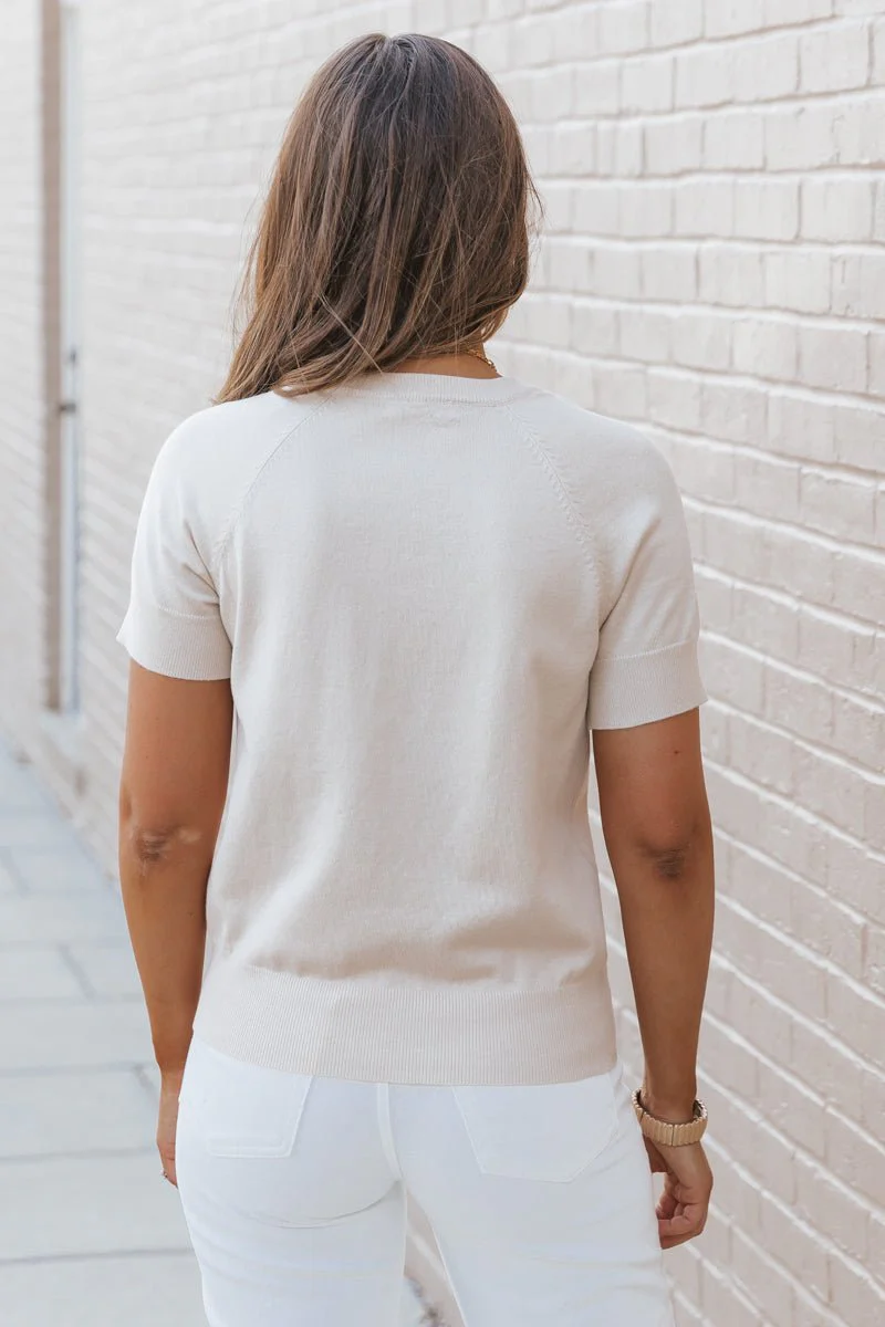 Beige Short Sleeve Crew Neck Sweater - Image 8