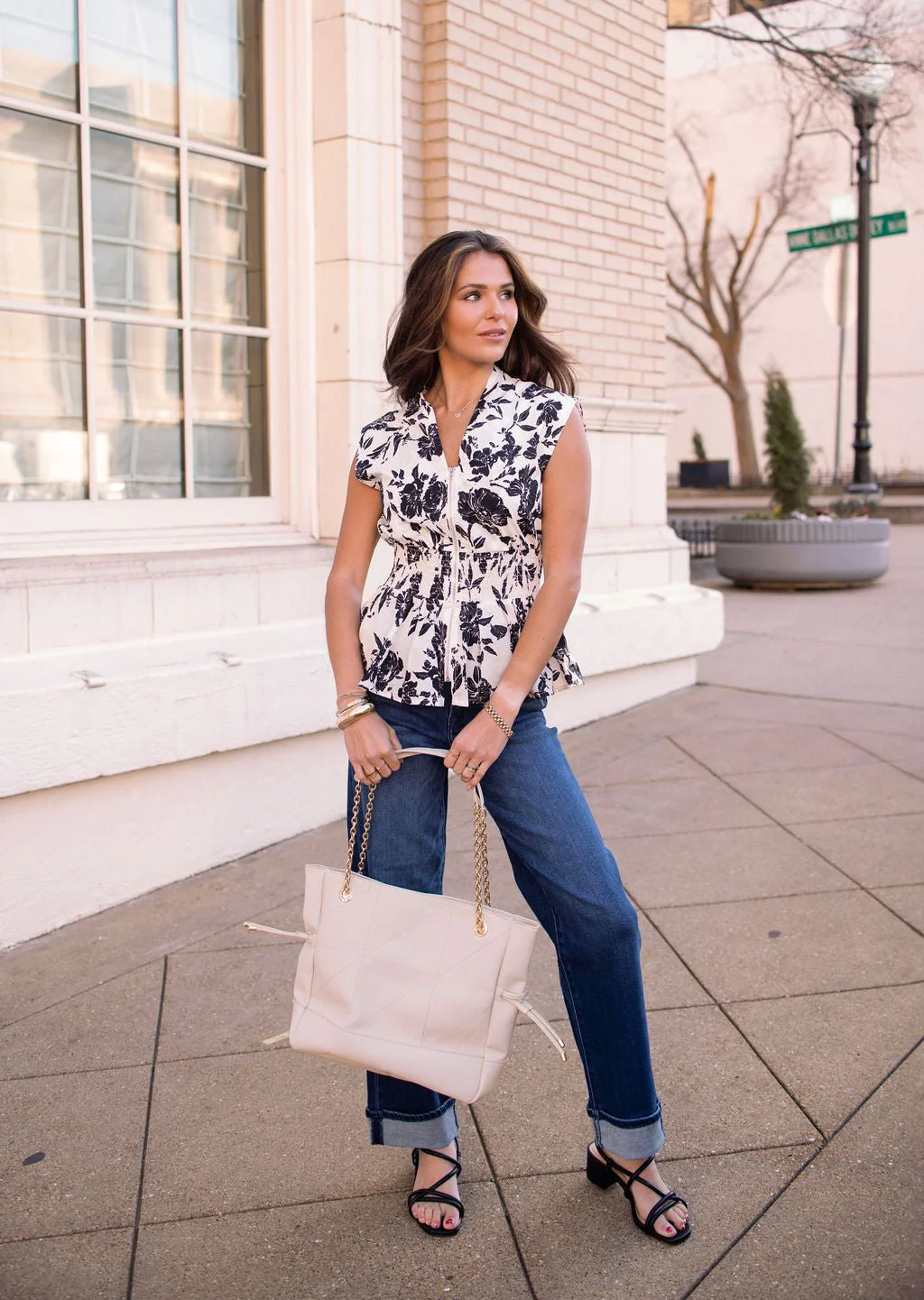Black and Ivory Floral Print Zip Top - Image 2