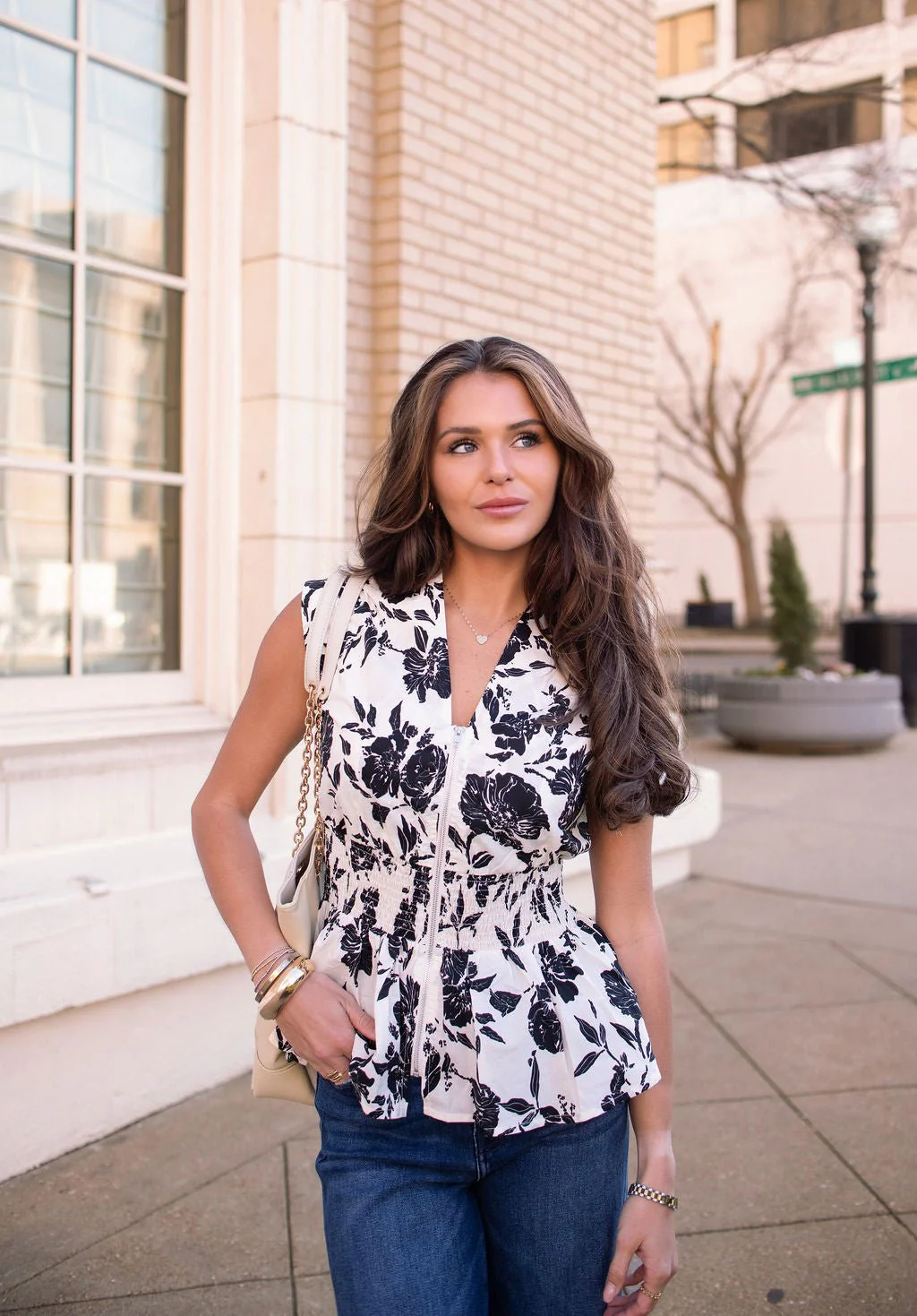 Black and Ivory Floral Print Zip Top - Image 4