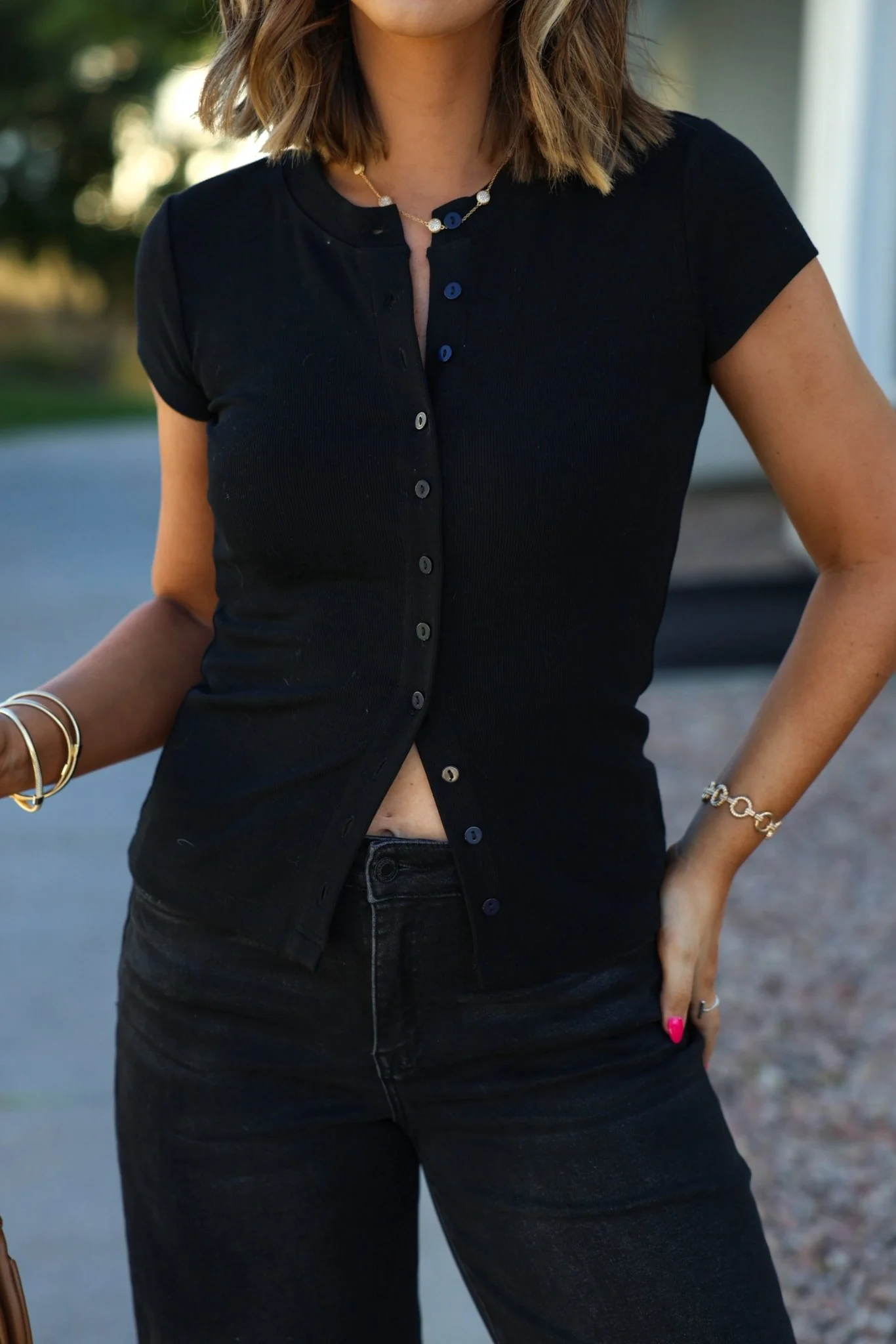 Black Button Front Ribbed Top - Image 3