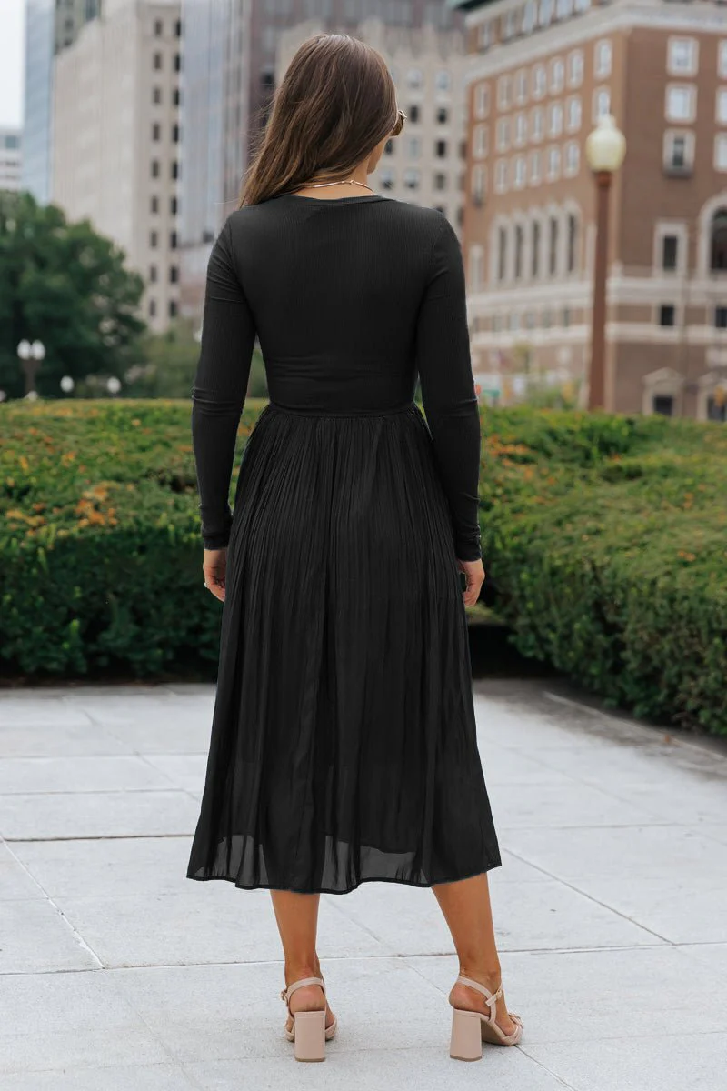 Black Contrast Pleated Midi Dress - Image 5