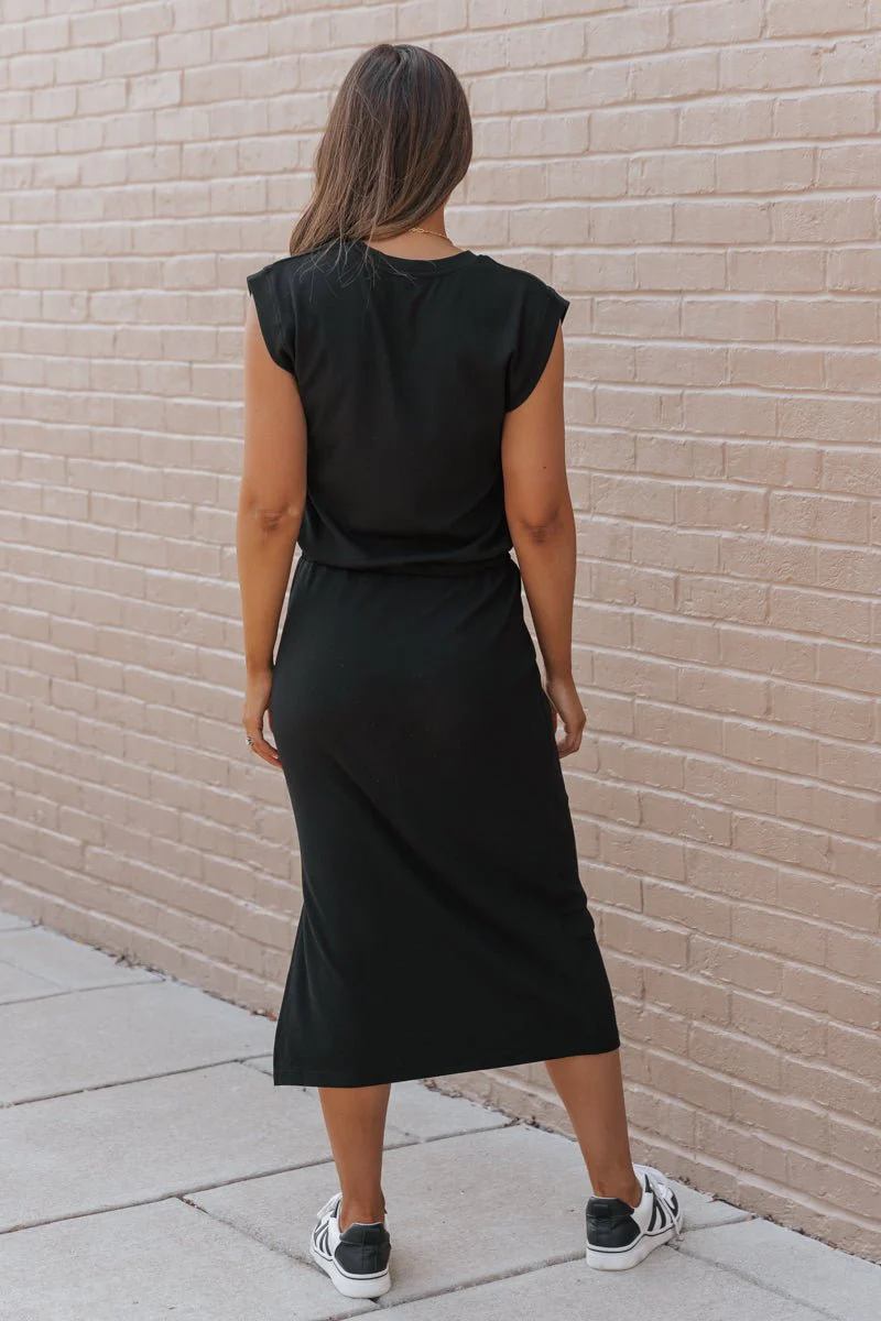 Black Drawstring Slit Midi Dress - Image 5