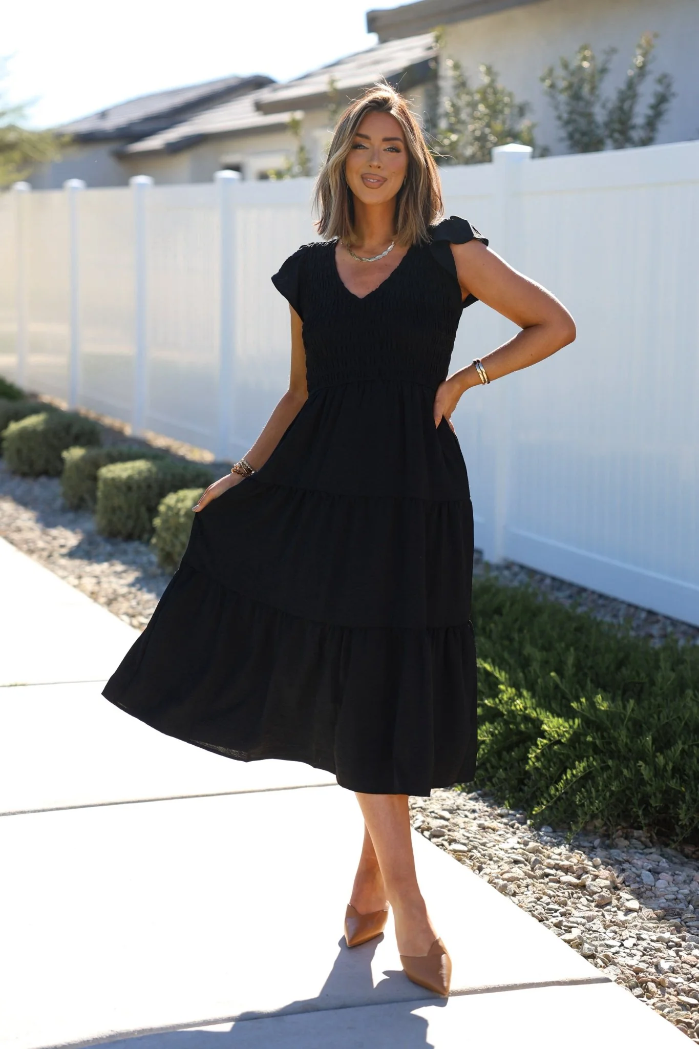 Black Flutter Sleeve Smock Tiered Midi Dress