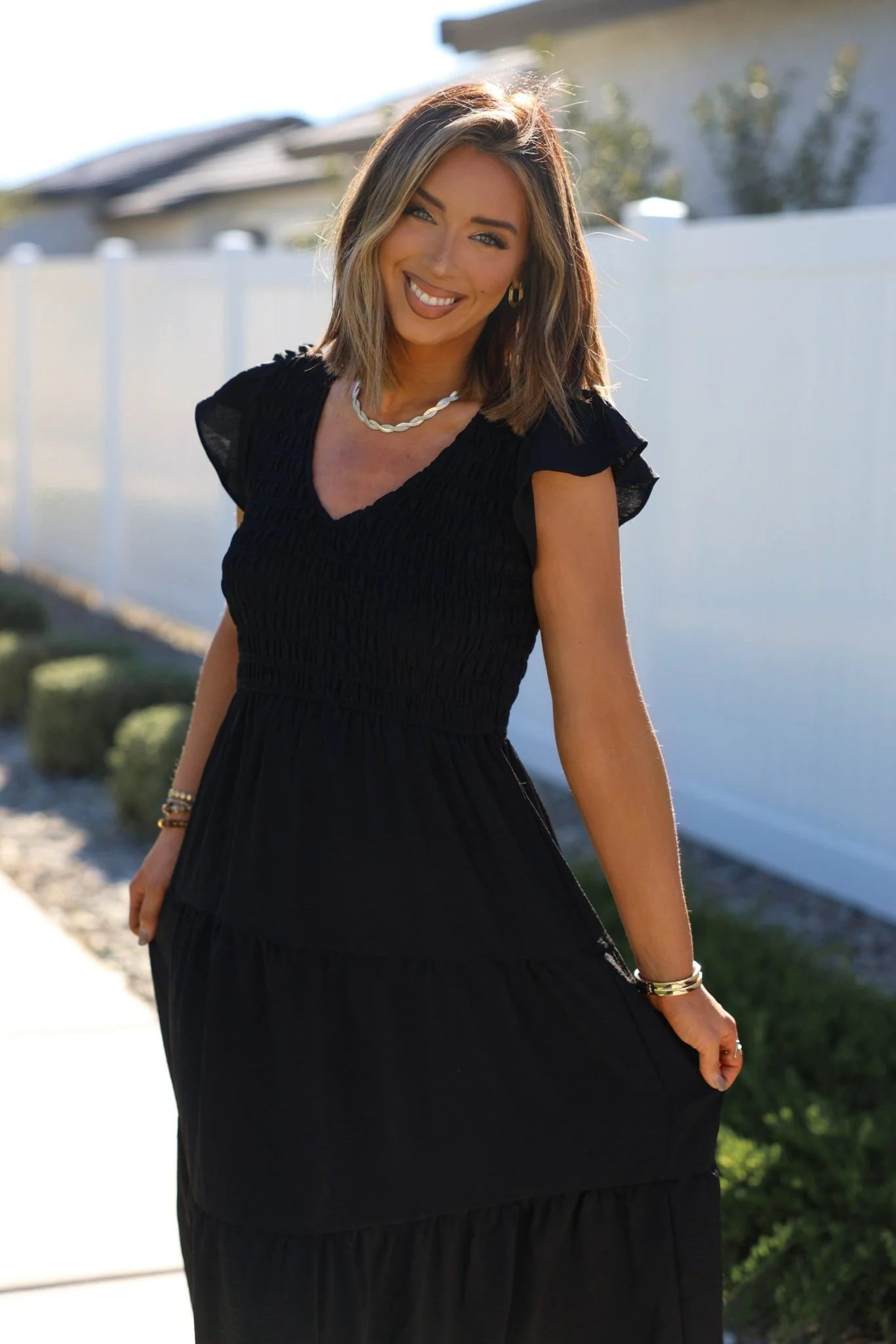Black Flutter Sleeve Smock Tiered Midi Dress - Image 2