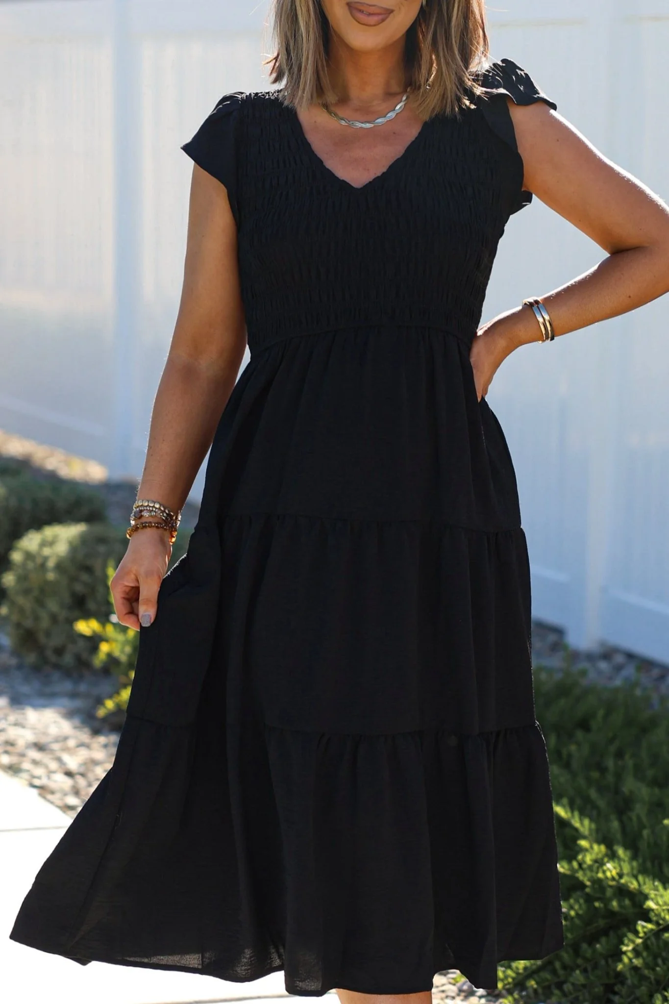 Black Flutter Sleeve Smock Tiered Midi Dress - Image 4