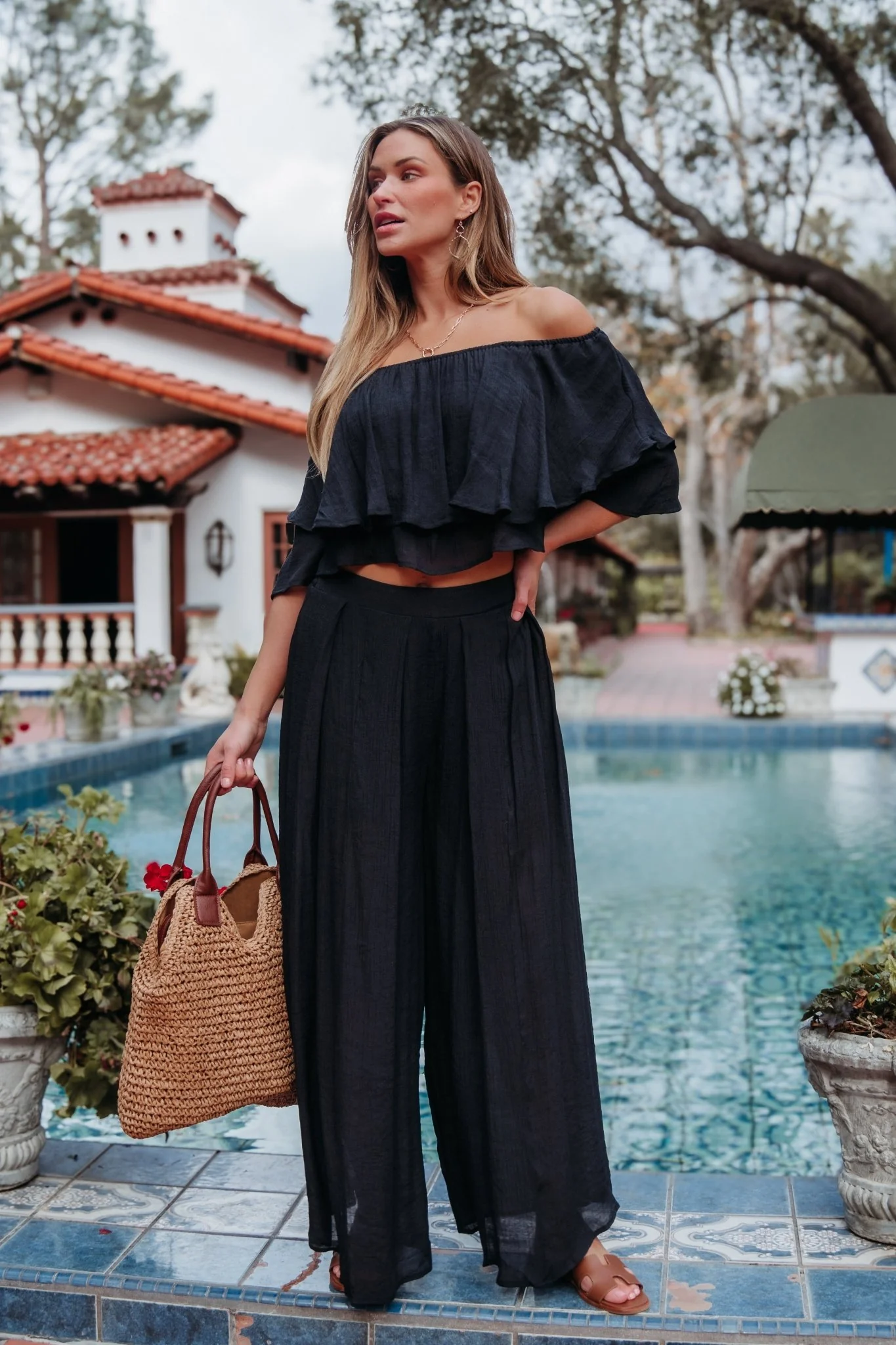 Black Off The Shoulder Top And Pants Set - Image 3