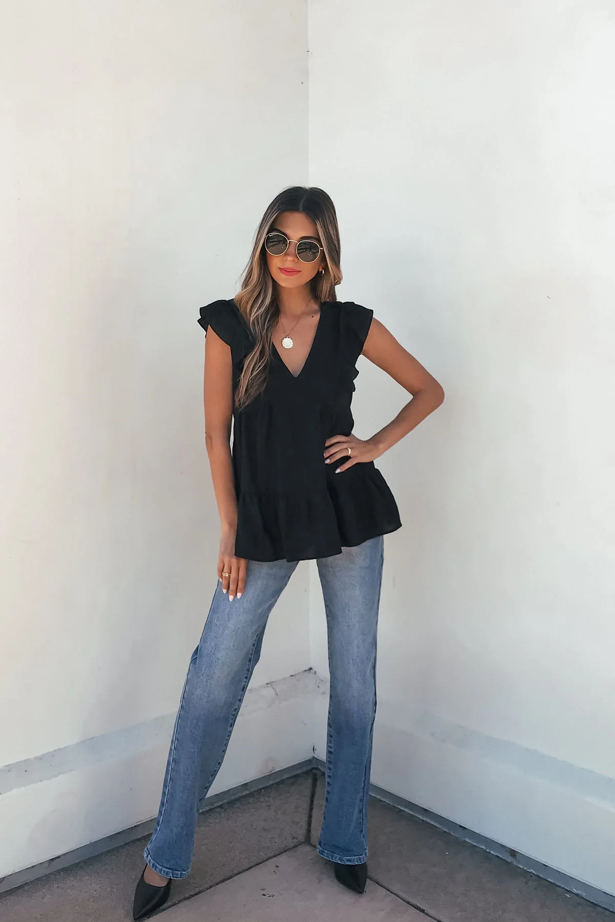 Black Ruffle Sleeve Textured Top - Image 2