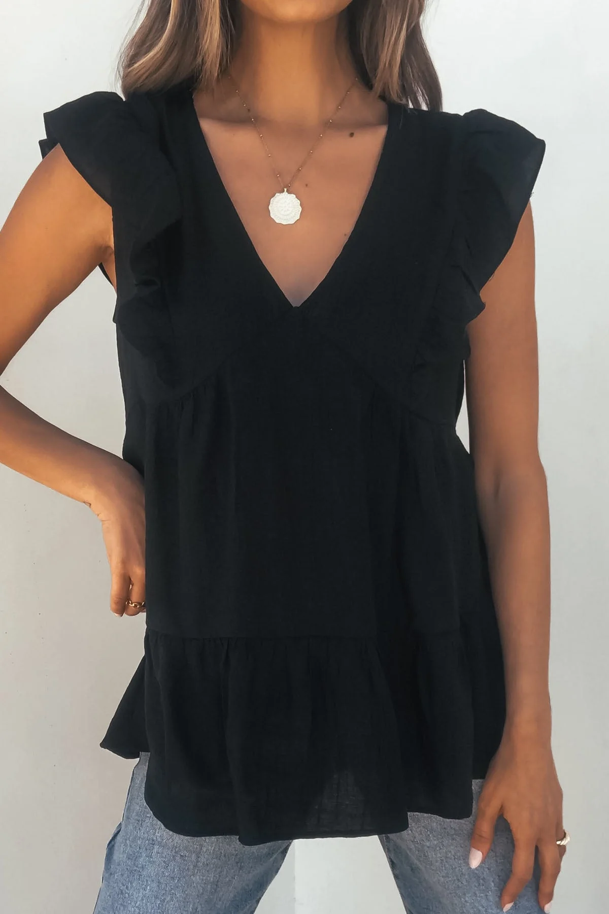 Black Ruffle Sleeve Textured Top - Image 3