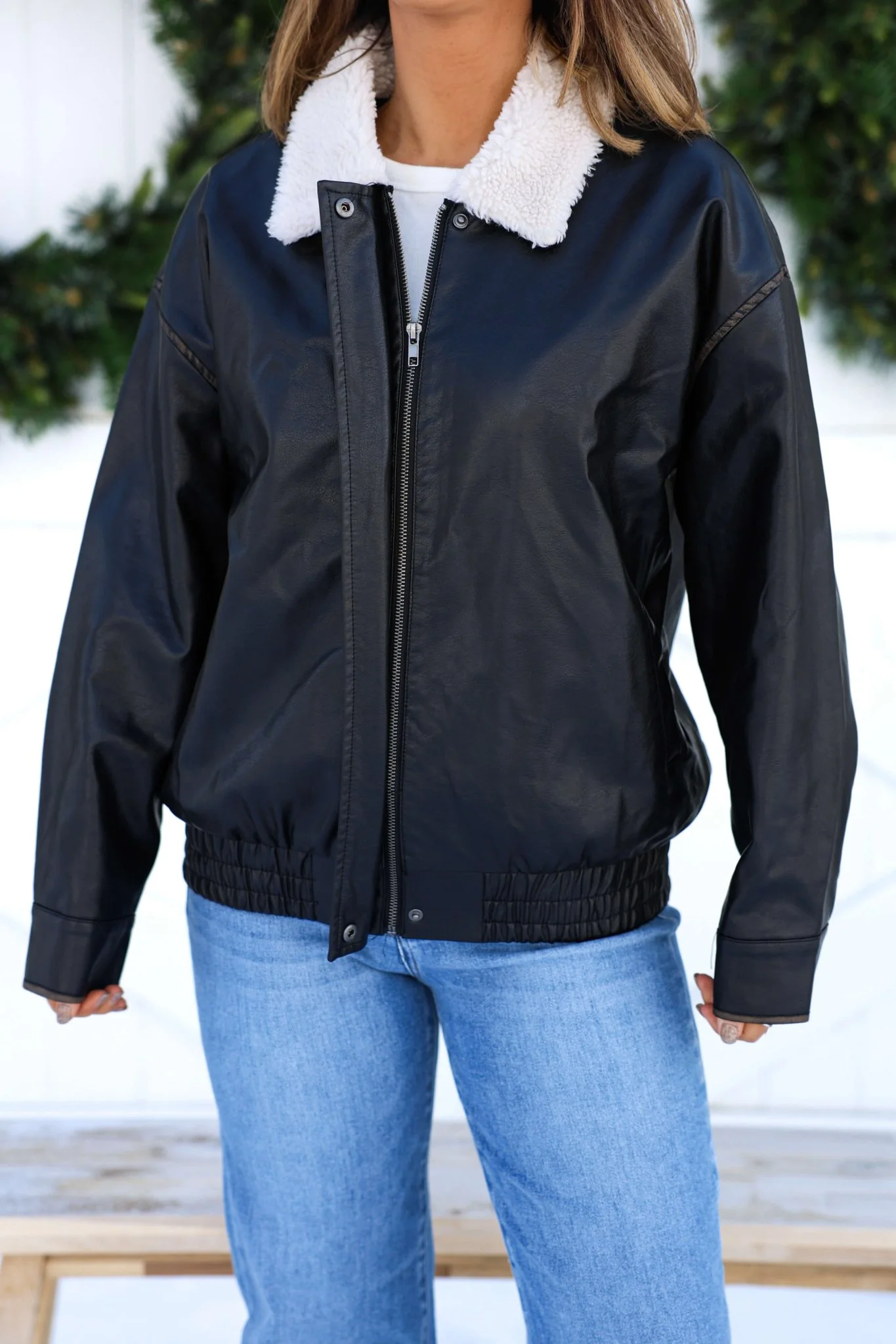 Black Shearling Collar Faux Leather Jacket - FINAL SALE - Image 3