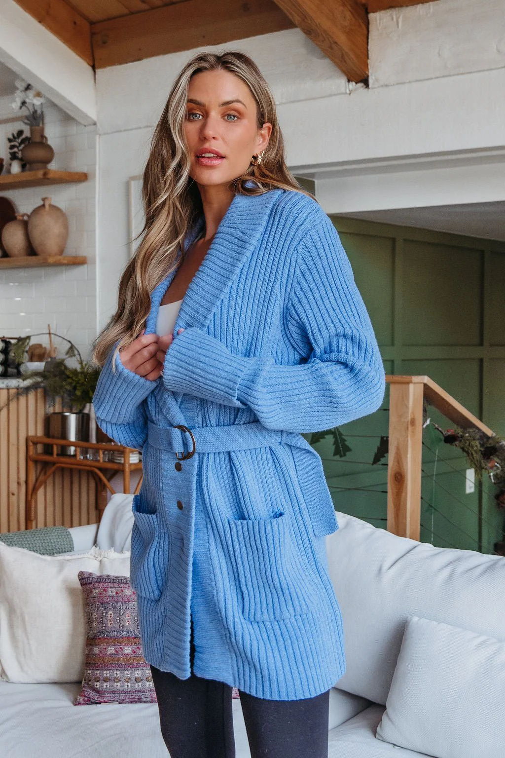 Blue Button Down Belted Cardigan - FINAL SALE - Image 8