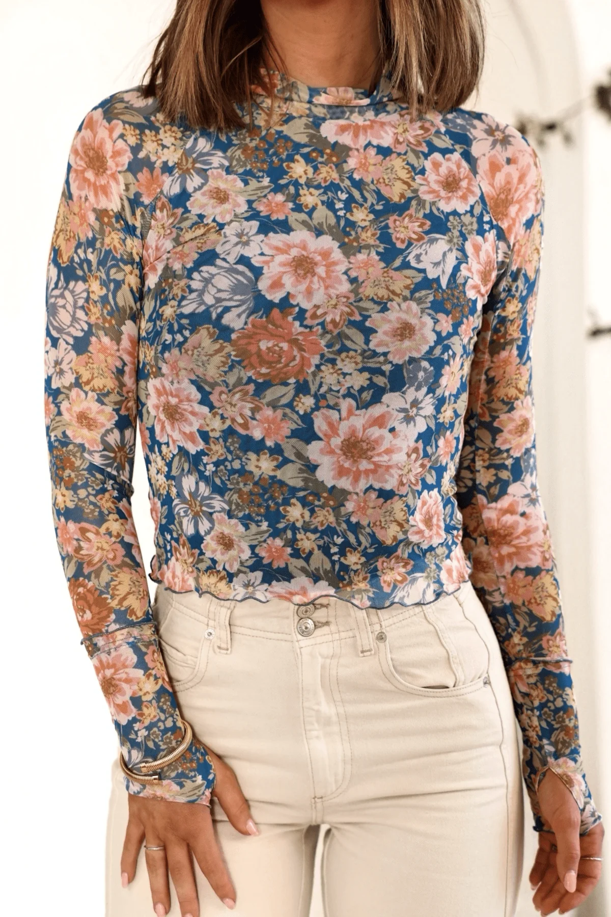 Blue Floral Mesh Top - Image 6