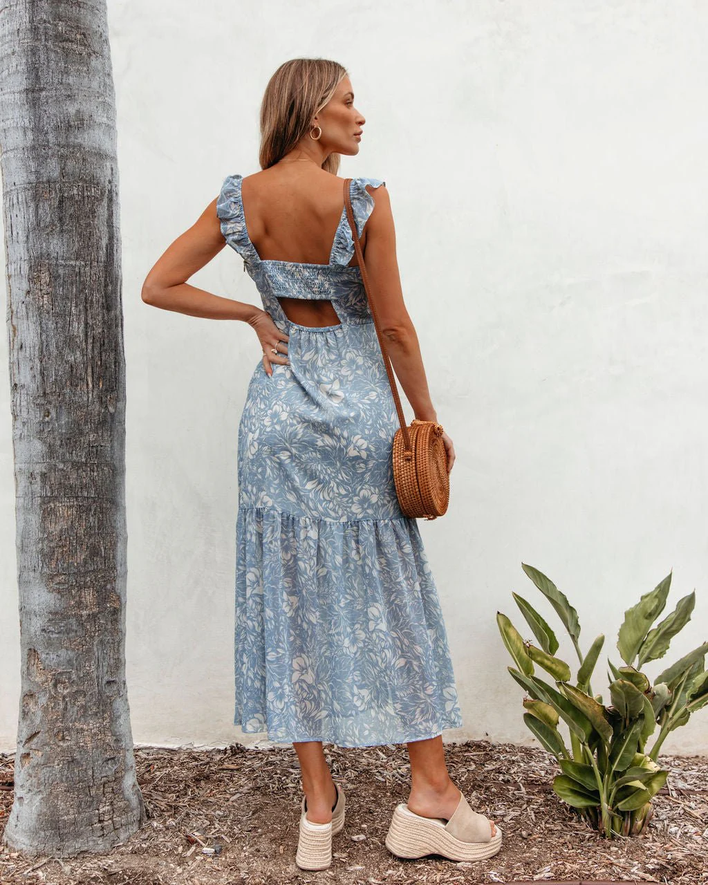 Blue Floral Print Chiffon Midi Dress - Image 5