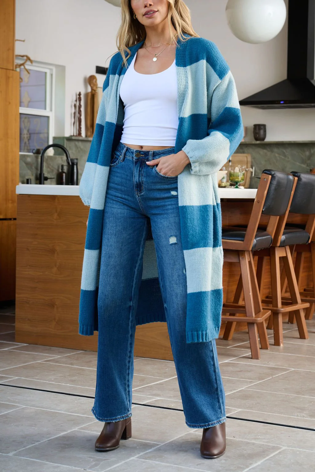 Blue Striped Open Front Duster Cardigan - FINAL SALE - Image 2