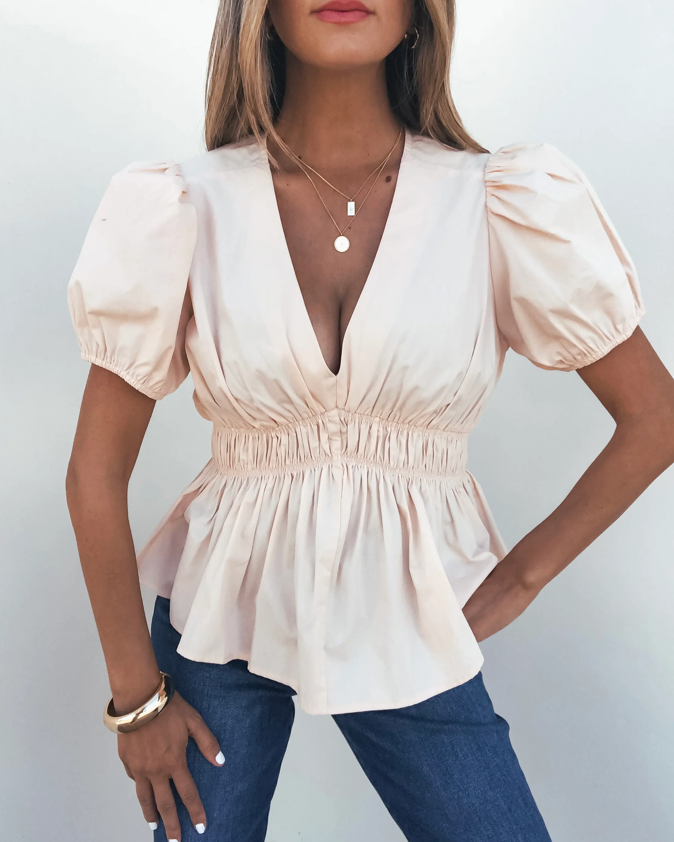 Blush Puff Sleeve Peplum Top - Image 2