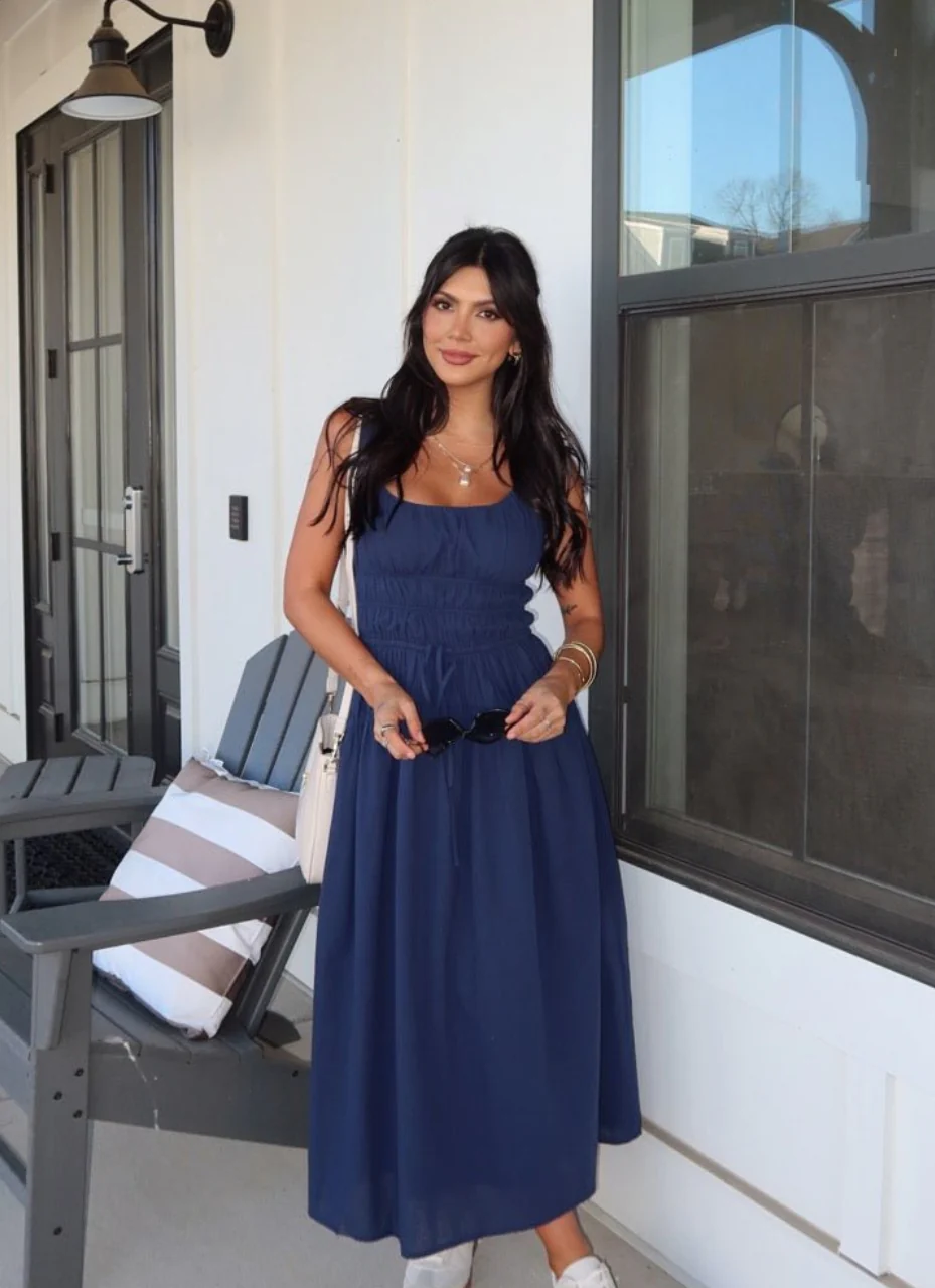Bridget Navy Smocked Midi Dress