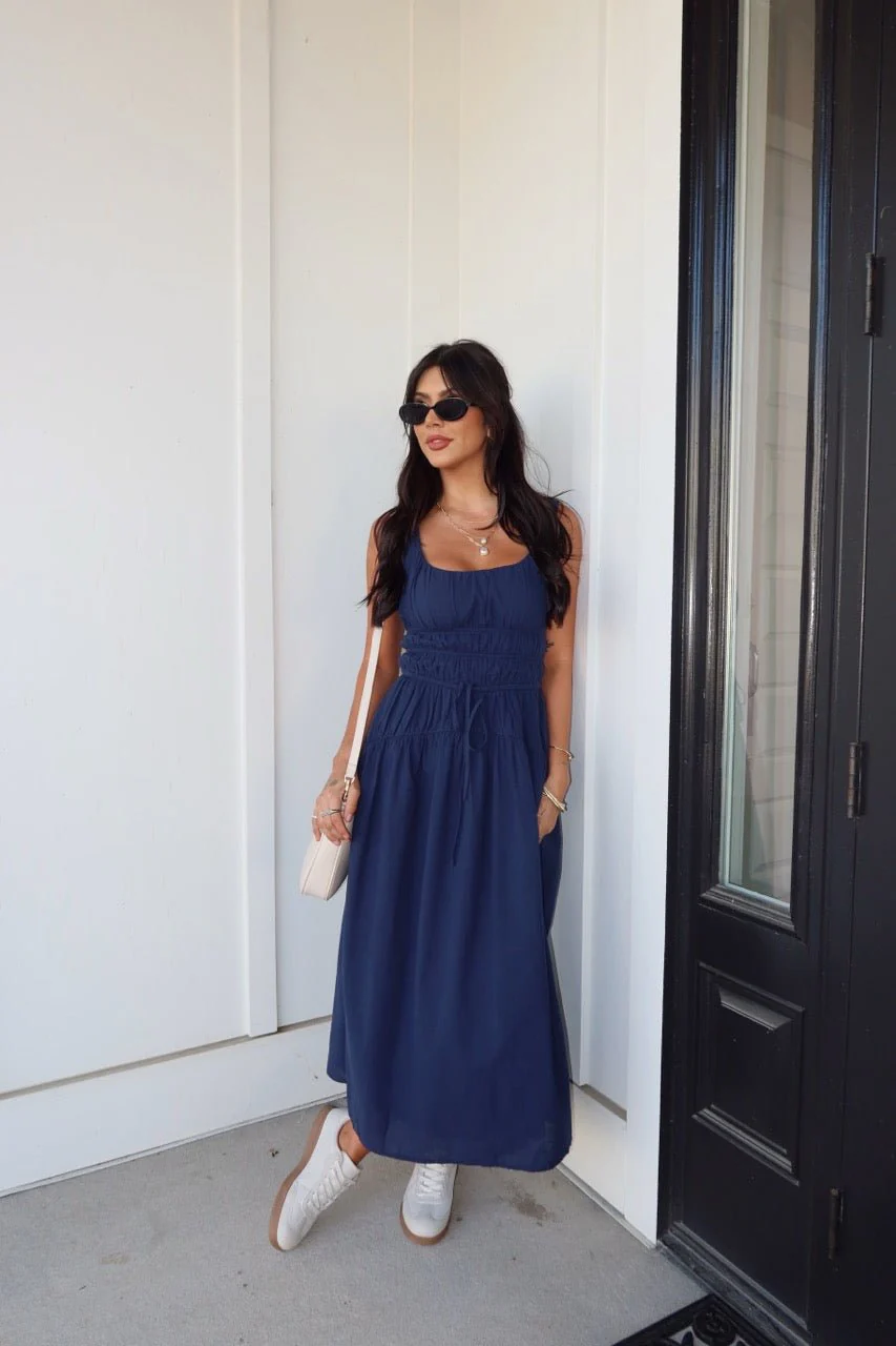 Bridget Navy Smocked Midi Dress - Image 2