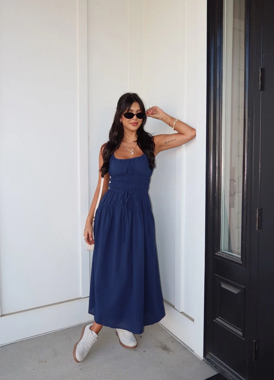 Bridget Navy Smocked Midi Dress - Image 3