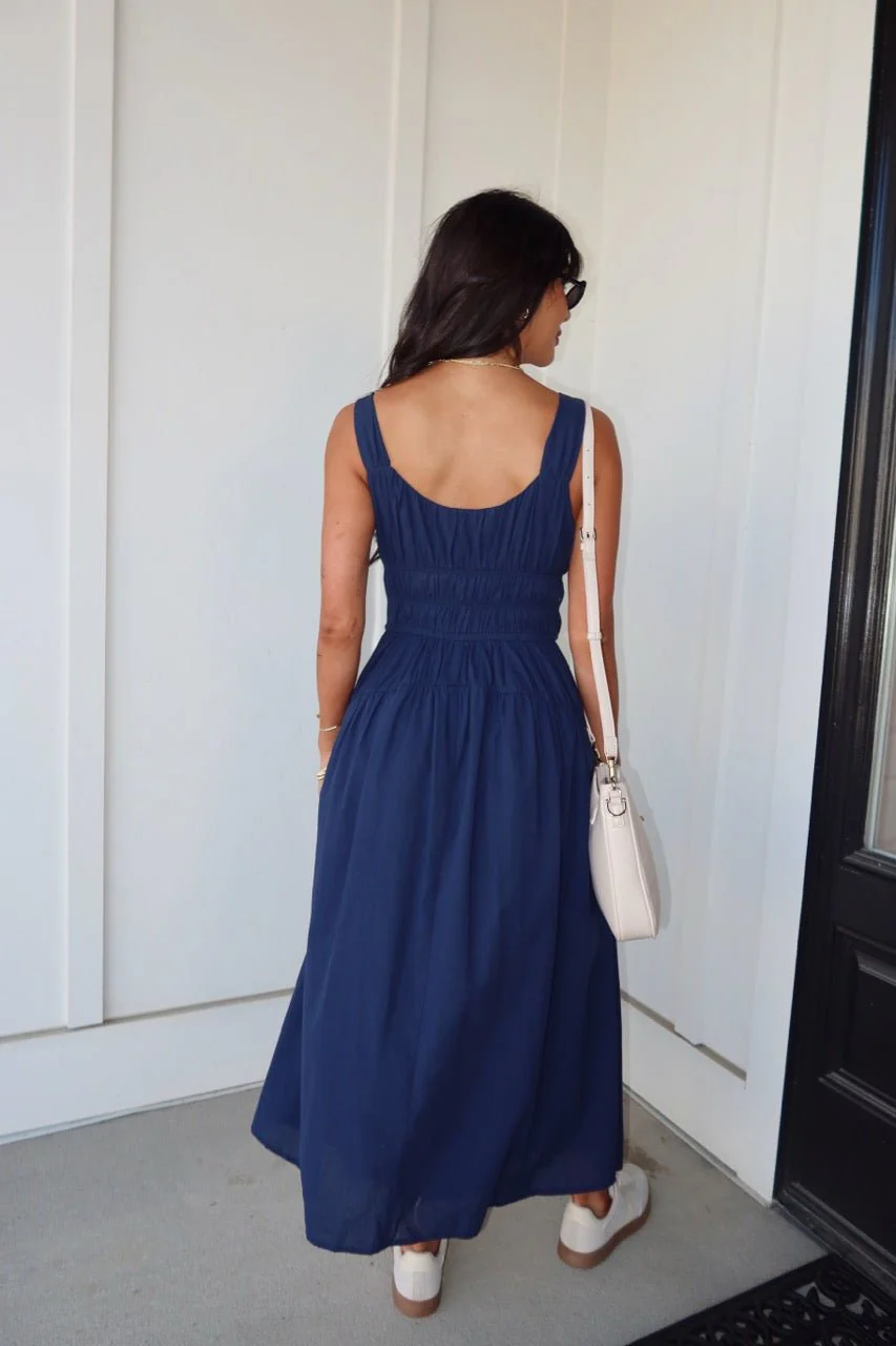 Bridget Navy Smocked Midi Dress - Image 5