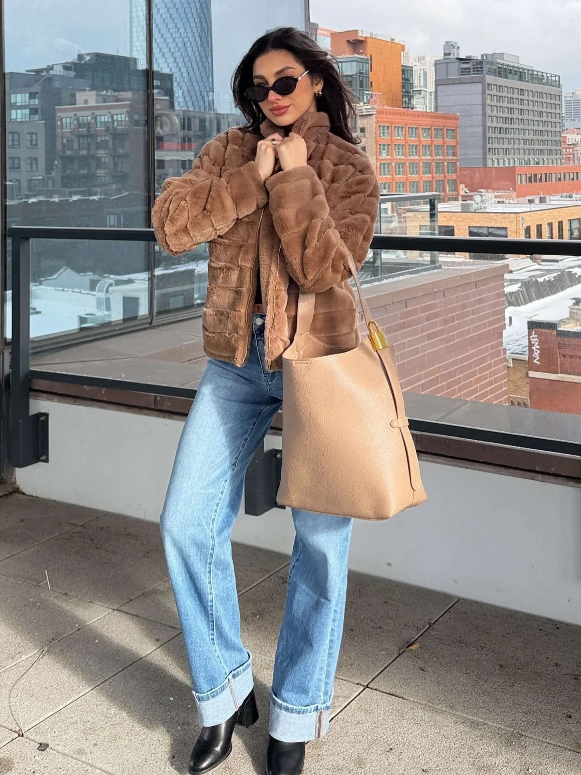 Brown Faux Fur Zip Collared Jacket - FINAL SALE - Image 3