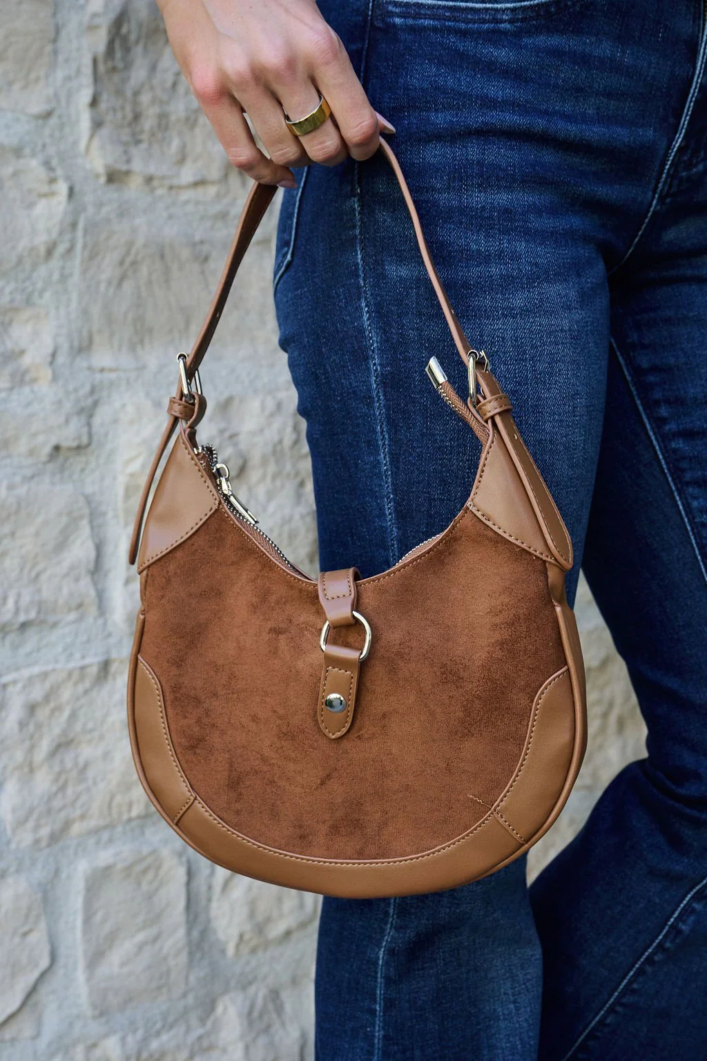 Brown Leather Suede Crescent Shoulder Bag - Image 3