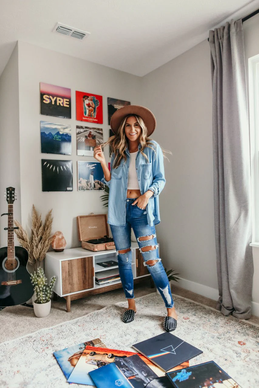 Button Down Light Wash Chambray Top - Image 13