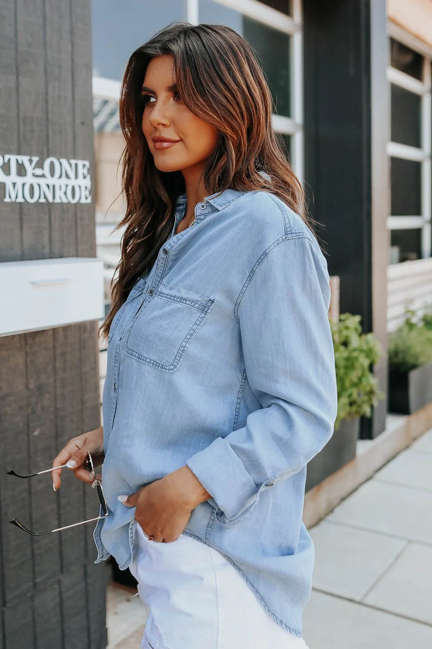 Button Down Light Wash Chambray Top - Image 4