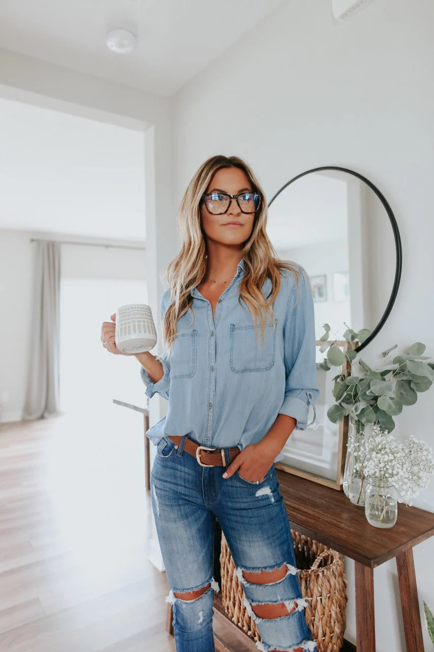 Button Down Light Wash Chambray Top - Image 9