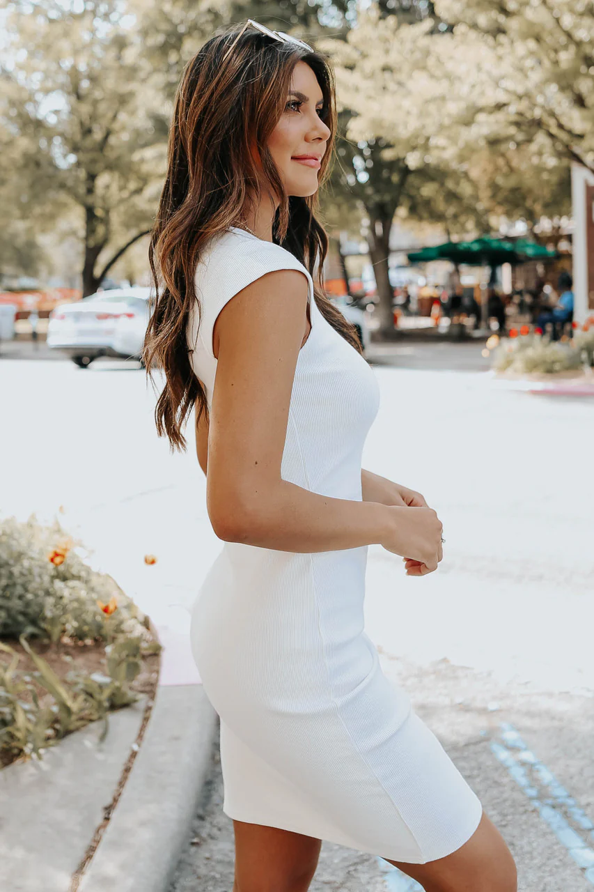 Cap Sleeve White Ribbed Mini Dress - Image 3