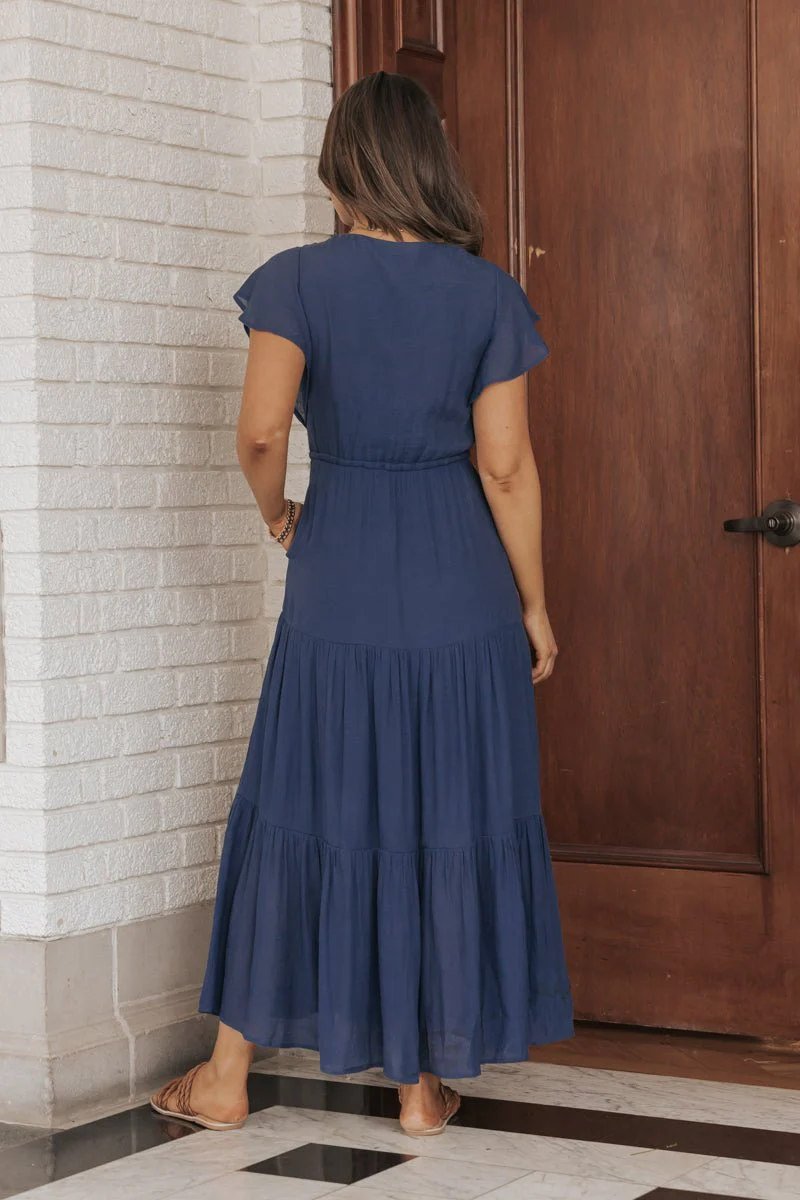 Celine Crochet Lace Tiered Boho Midi Dress - Navy - Image 11