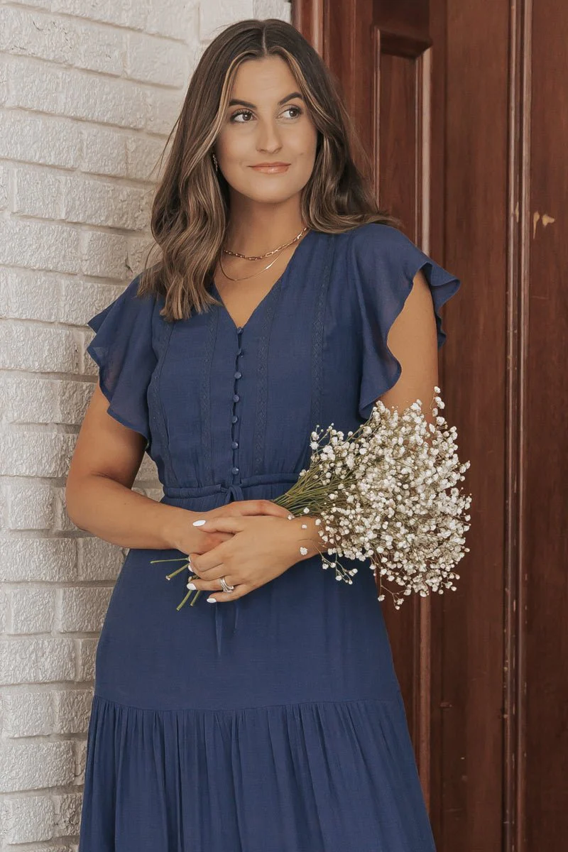Celine Crochet Lace Tiered Boho Midi Dress - Navy - Image 7