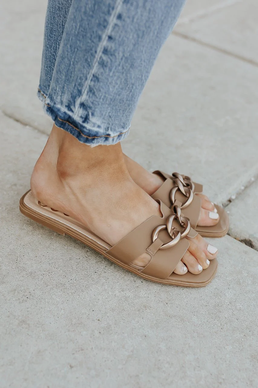 Chain Detail Taupe Slide Sandals - FINAL SALE - Image 3