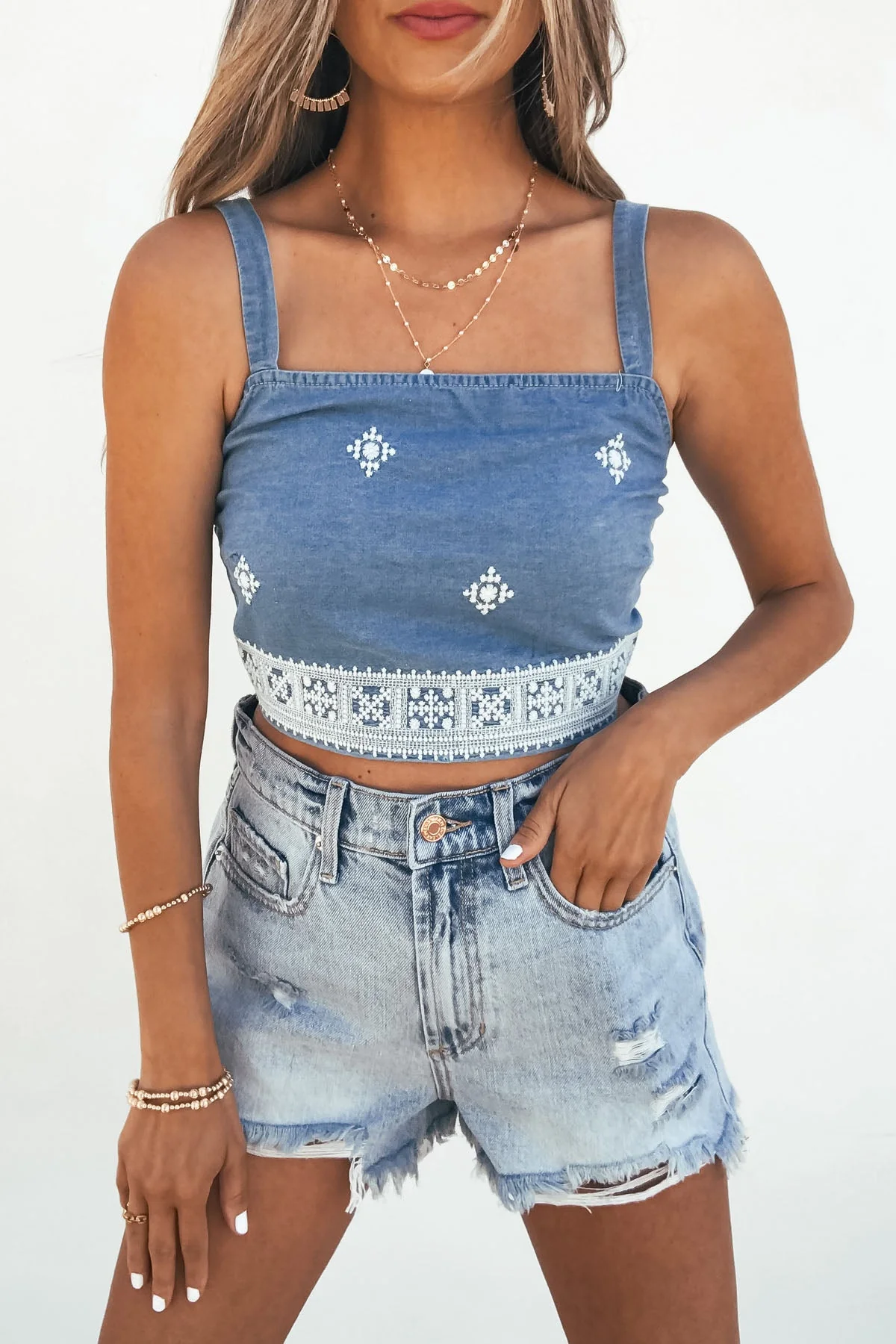 Chambray Diamond Shape Eyelet Smocked Tank Top - FINAL SALE - Image 3