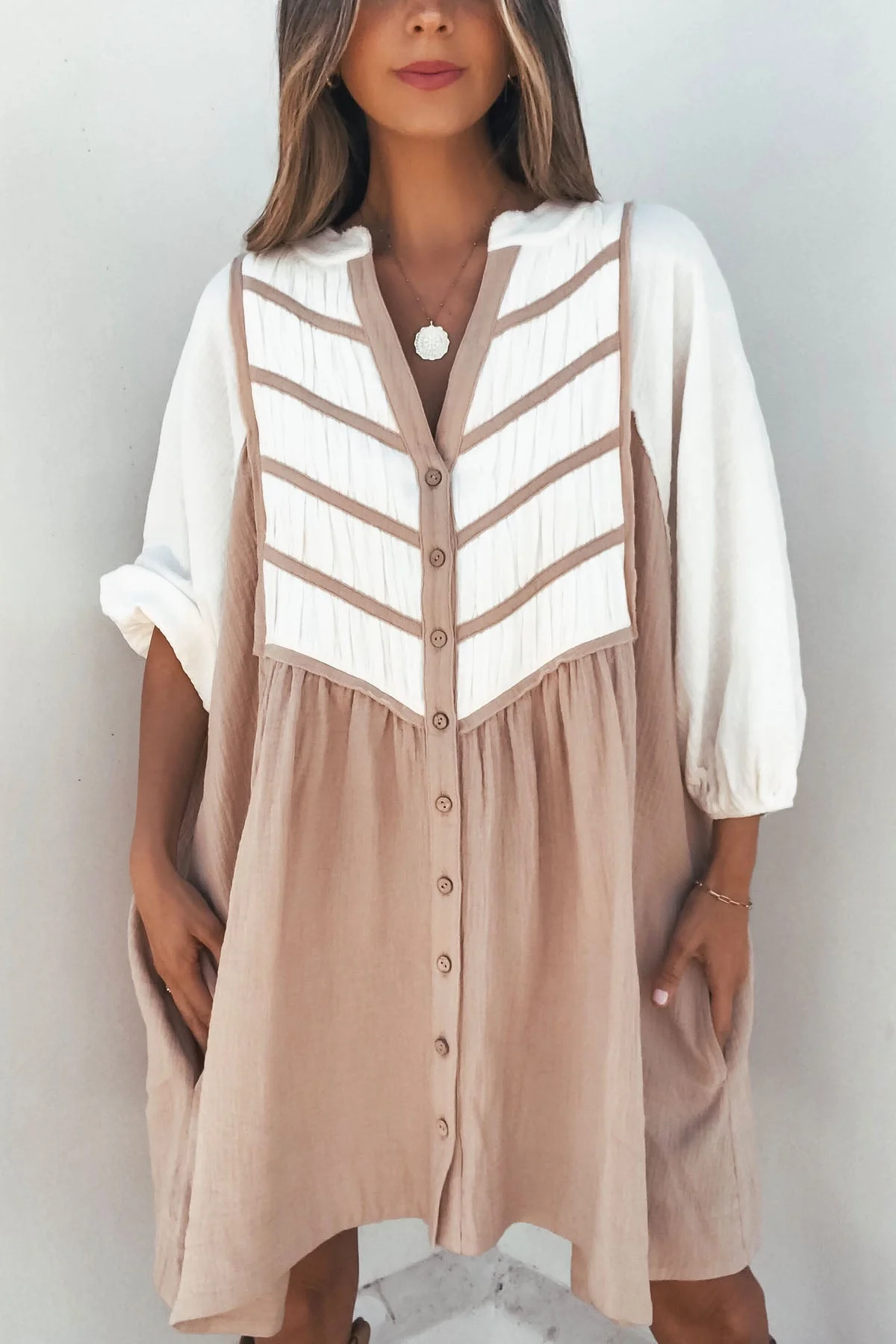 Cream Color Block Tunic Dress - Image 3