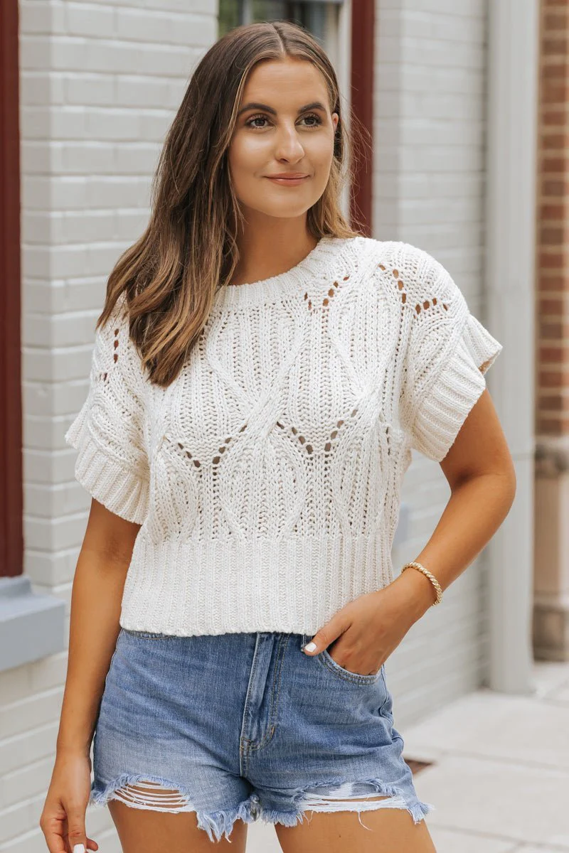 Crochet Detail Short Sleeve Sweater - Ivory - Image 4