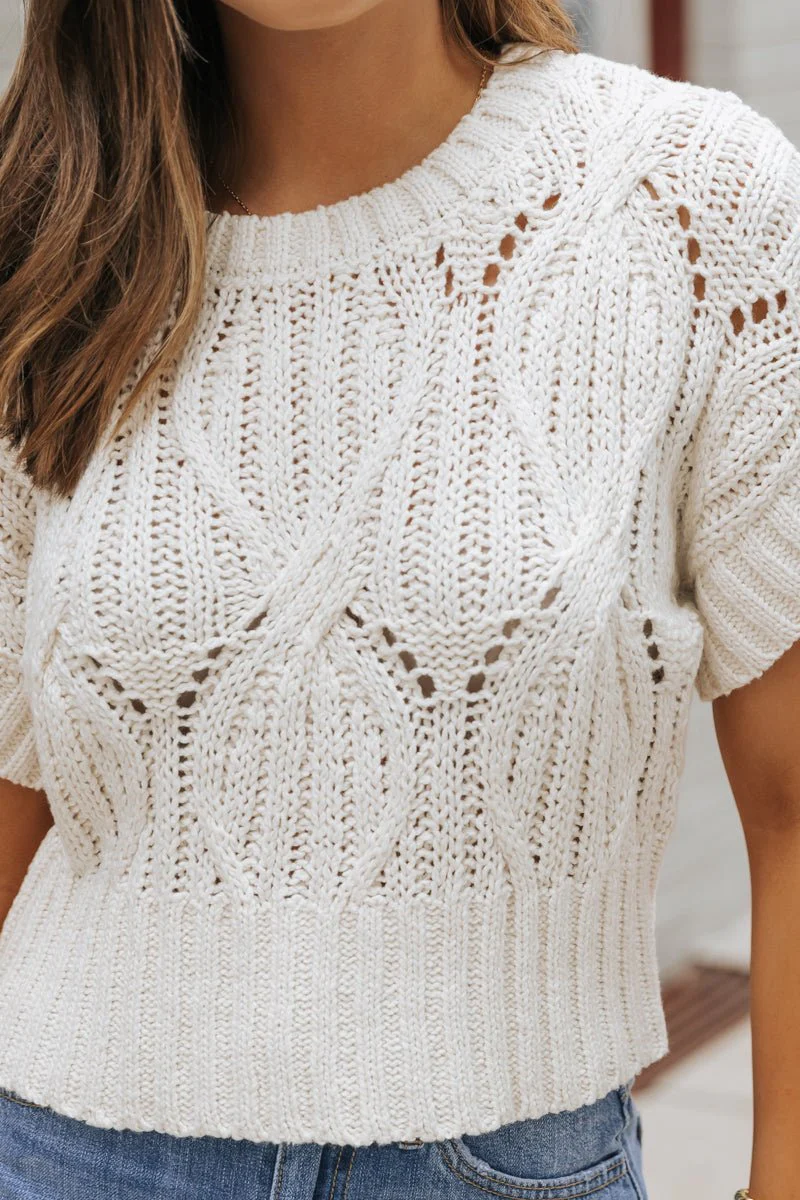 Crochet Detail Short Sleeve Sweater - Ivory - Image 5