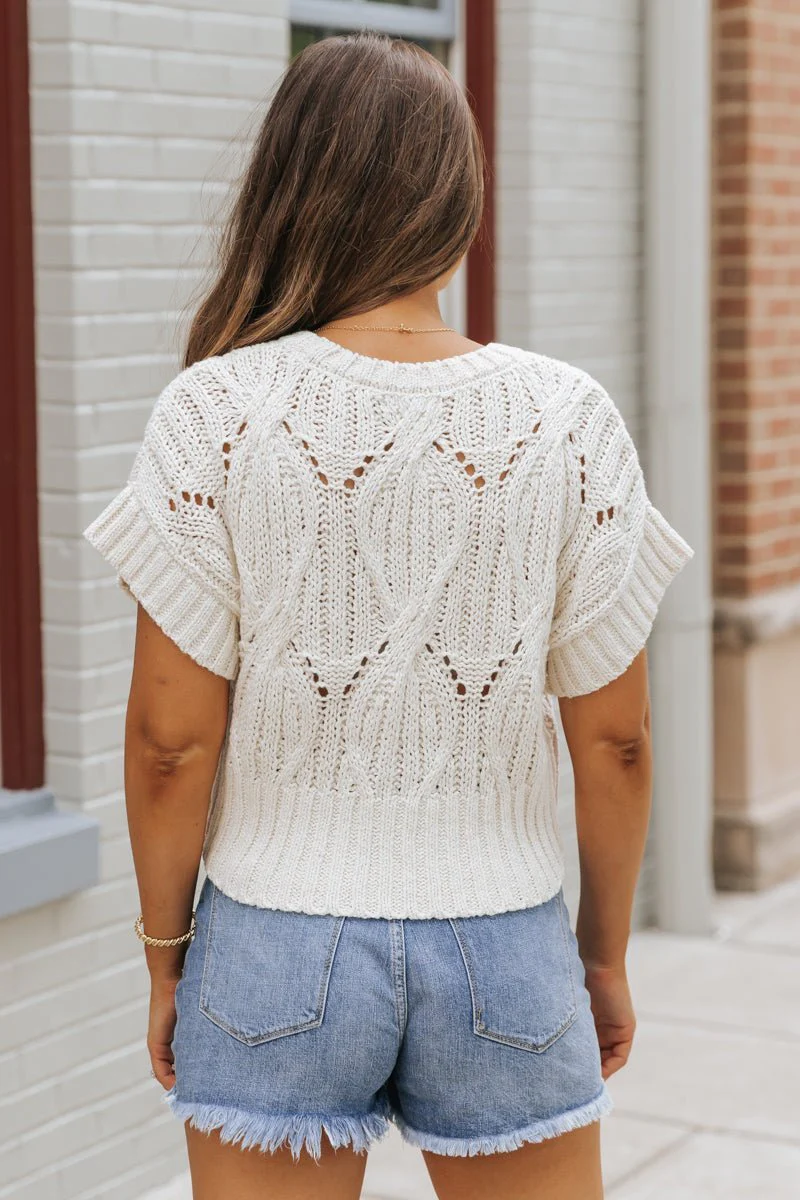 Crochet Detail Short Sleeve Sweater - Ivory - Image 6
