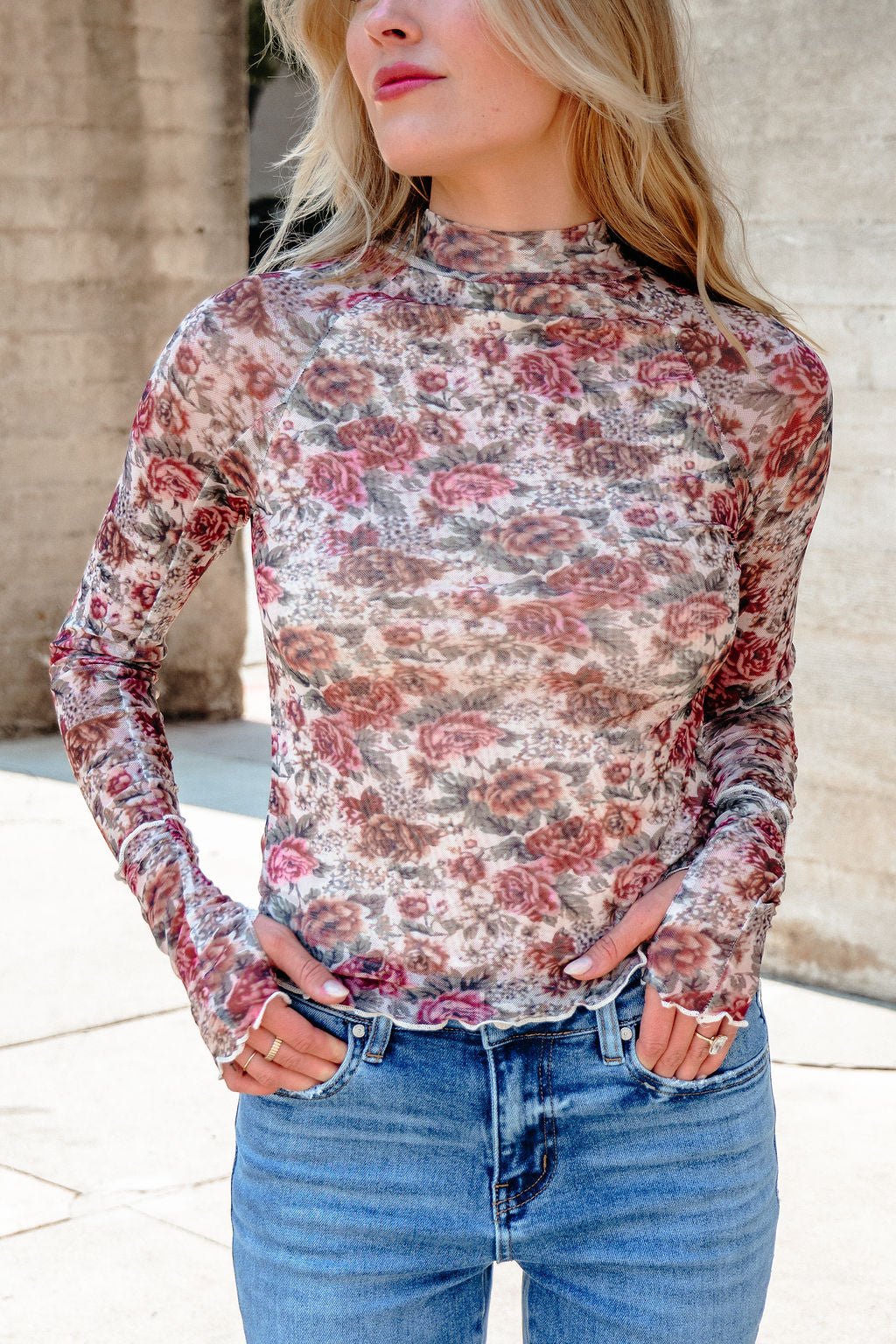 Cream Floral Mesh Mock Neck Top - FINAL SALE - Image 12