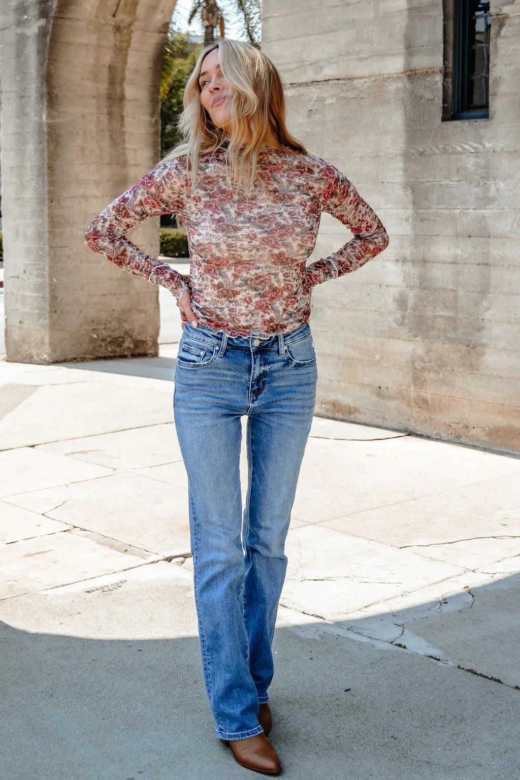 Cream Floral Mesh Mock Neck Top - FINAL SALE - Image 2