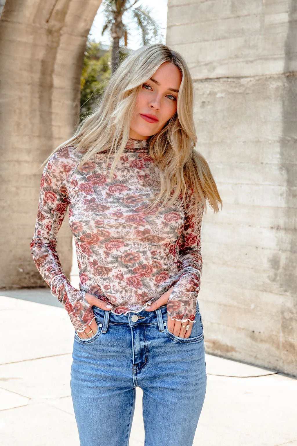Cream Floral Mesh Mock Neck Top - FINAL SALE - Image 4
